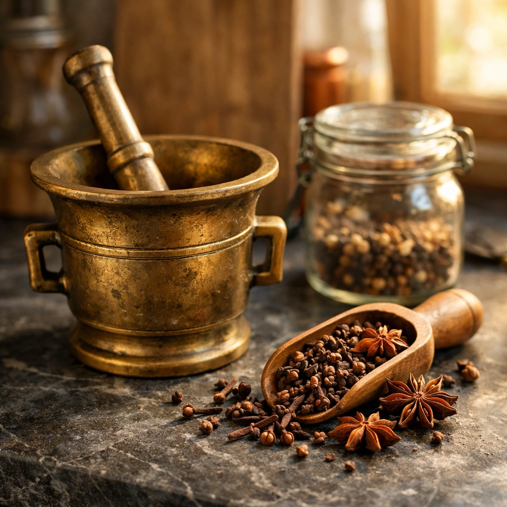Artisanal spice preparation with a brass mortar, pestle, whole cloves, and star anise.