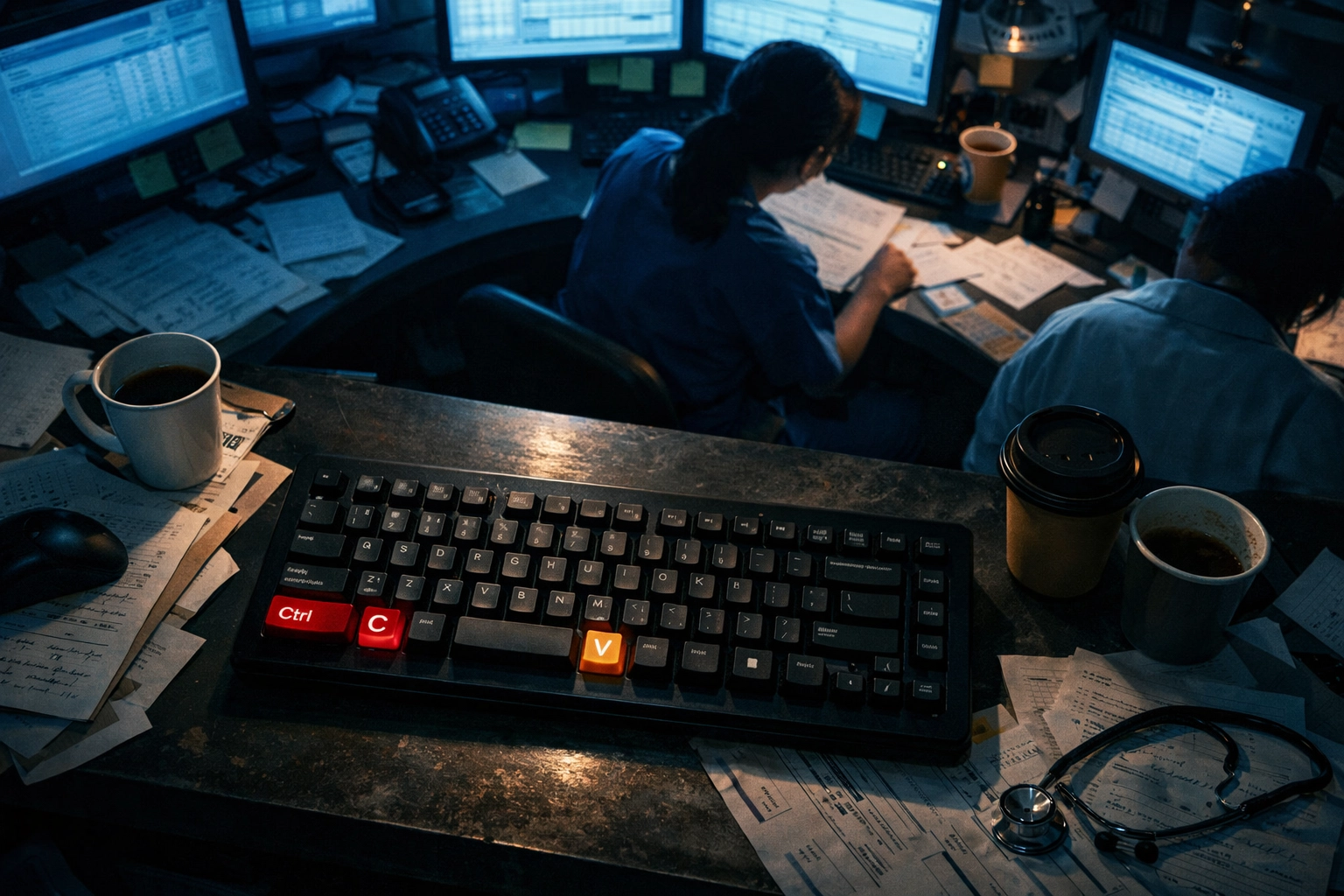 Hospital nurse station with EHR system showing copy-paste shortcuts in medical documentation