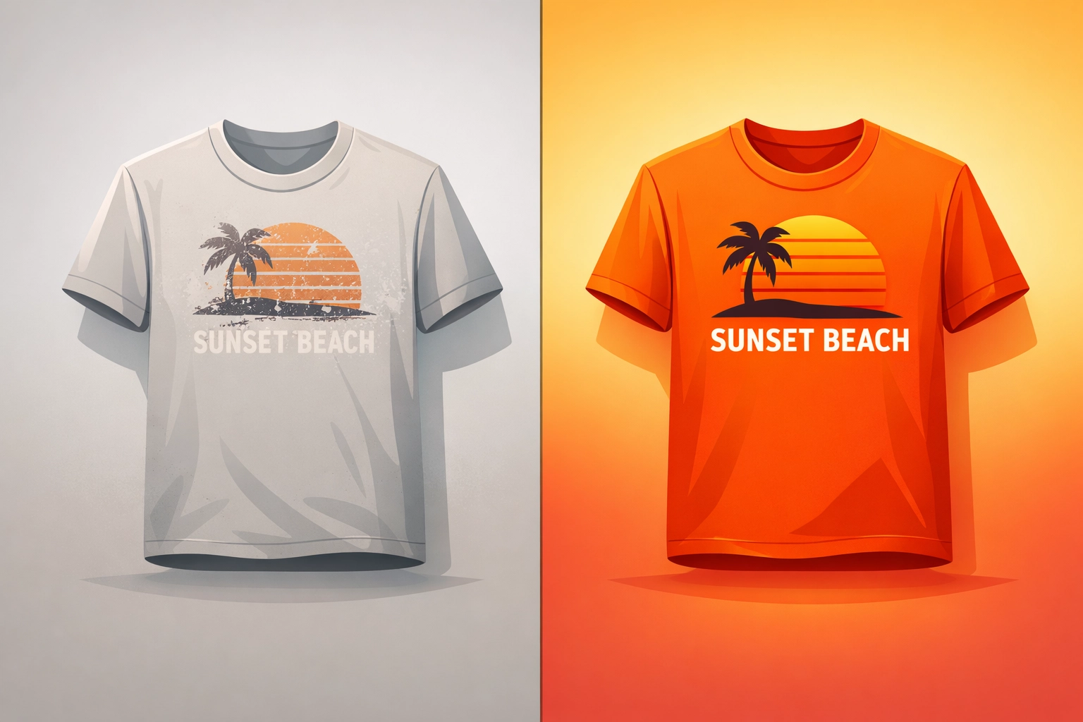 Comparison of low-quality faded print versus high-quality vibrant screen print on t-shirts