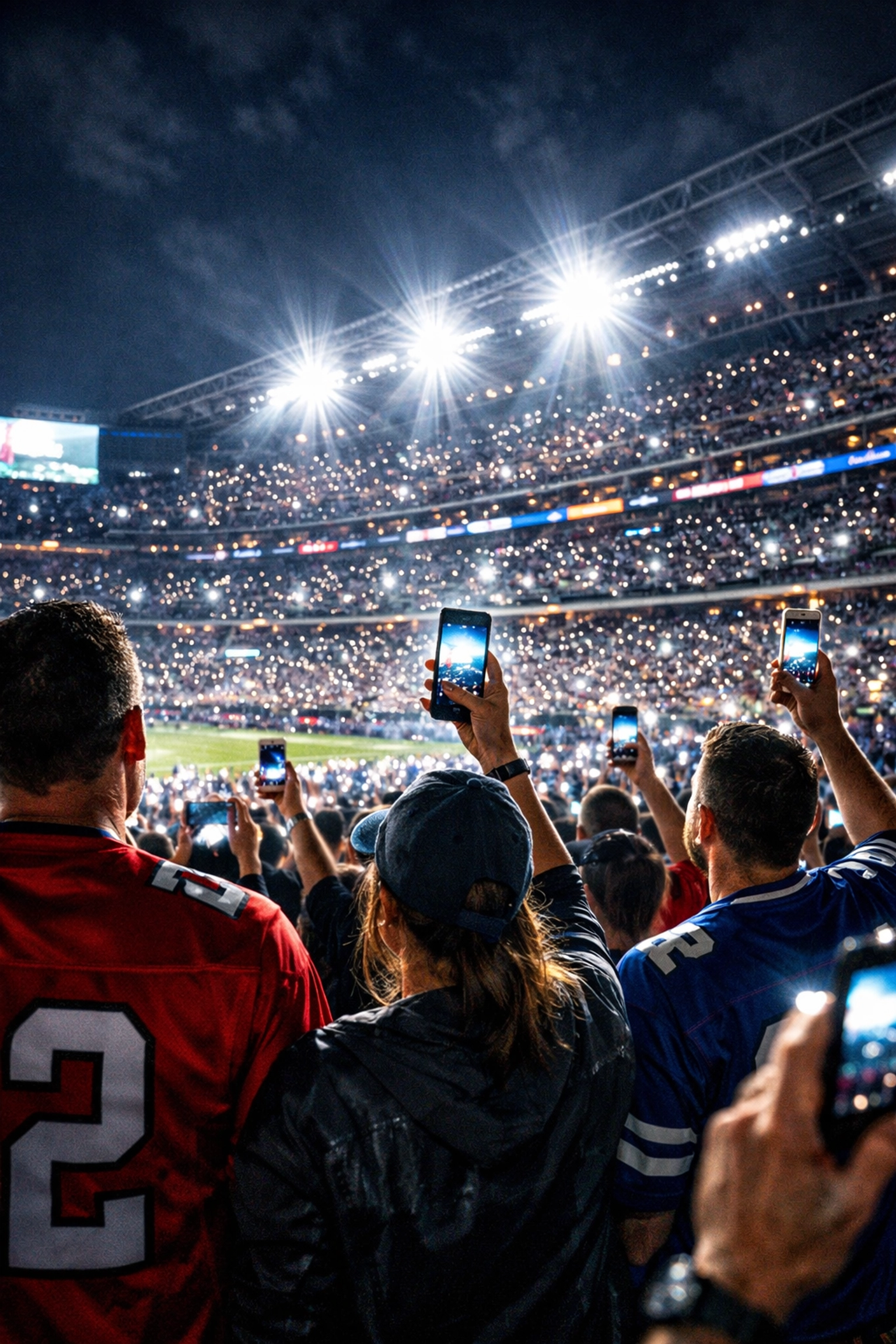 Super Bowl fans in a stadium using smartphones to capture live sports and digital brand engagement.
