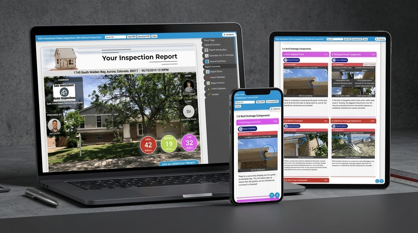 High-quality professional photograph of a digital property inspection report displayed on mobile devices.