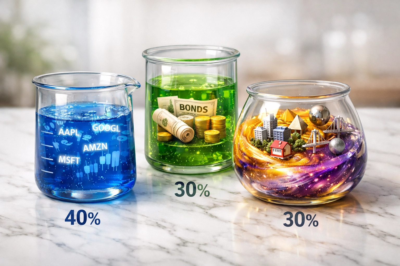 40/30/30 portfolio framework showing equities, bonds, and alternative investments allocation