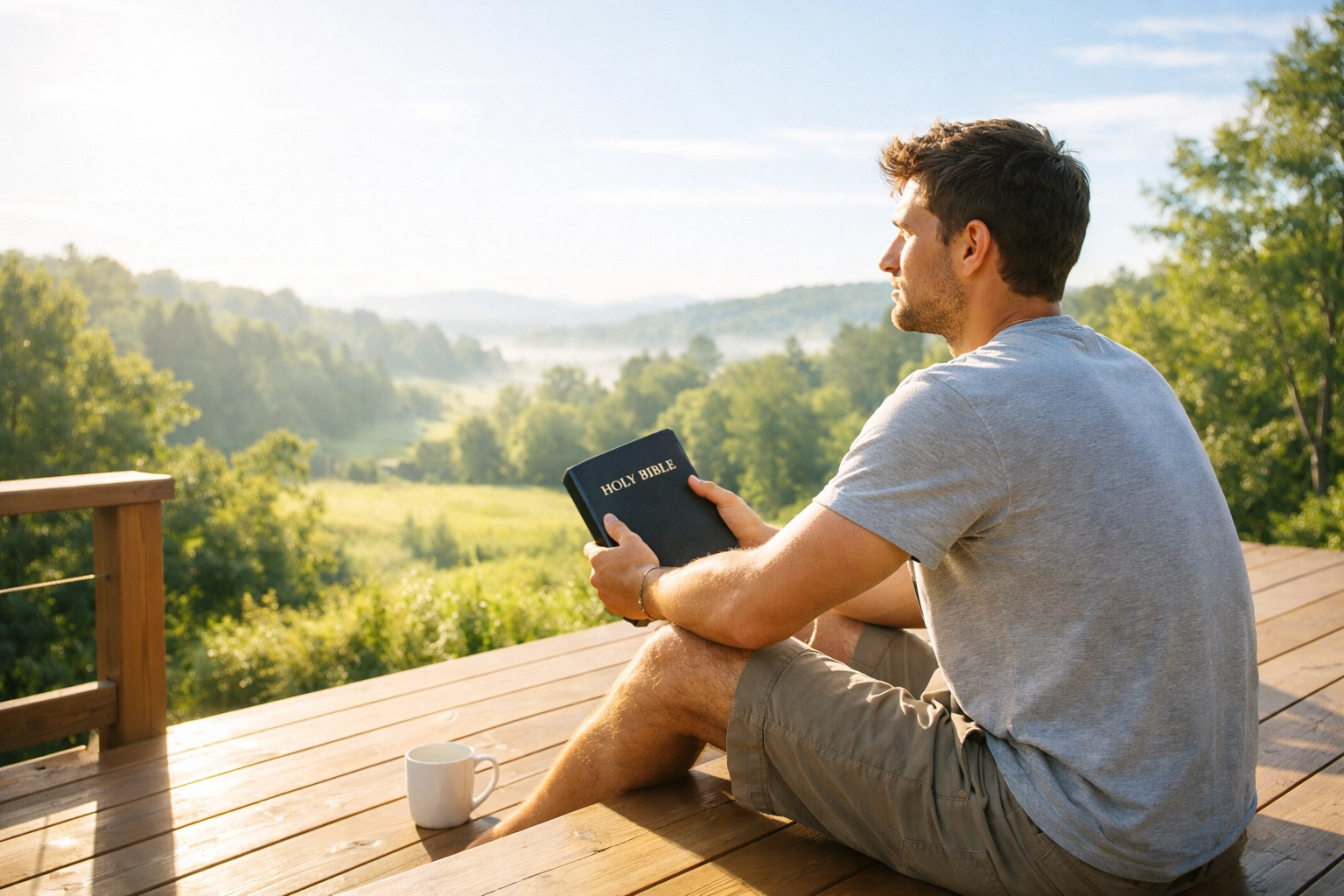 A young man starts his daily micro-study with a peaceful morning Bible devotional on a sun-lit deck.