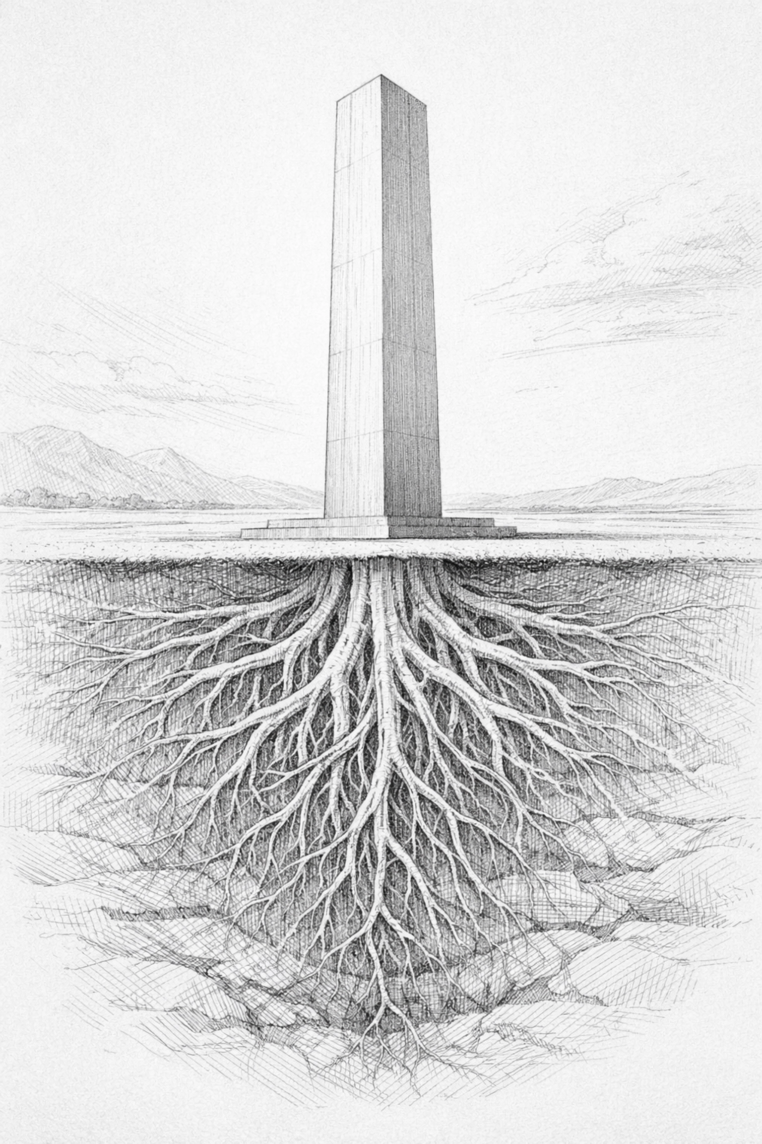 Minimalist drawing of a rooted monolith representing deep-seated brand values and longevity.