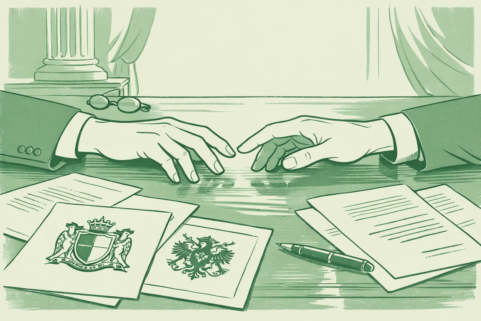 Male couple's hands nearly touching over political documents - forbidden romance and family legacy theme