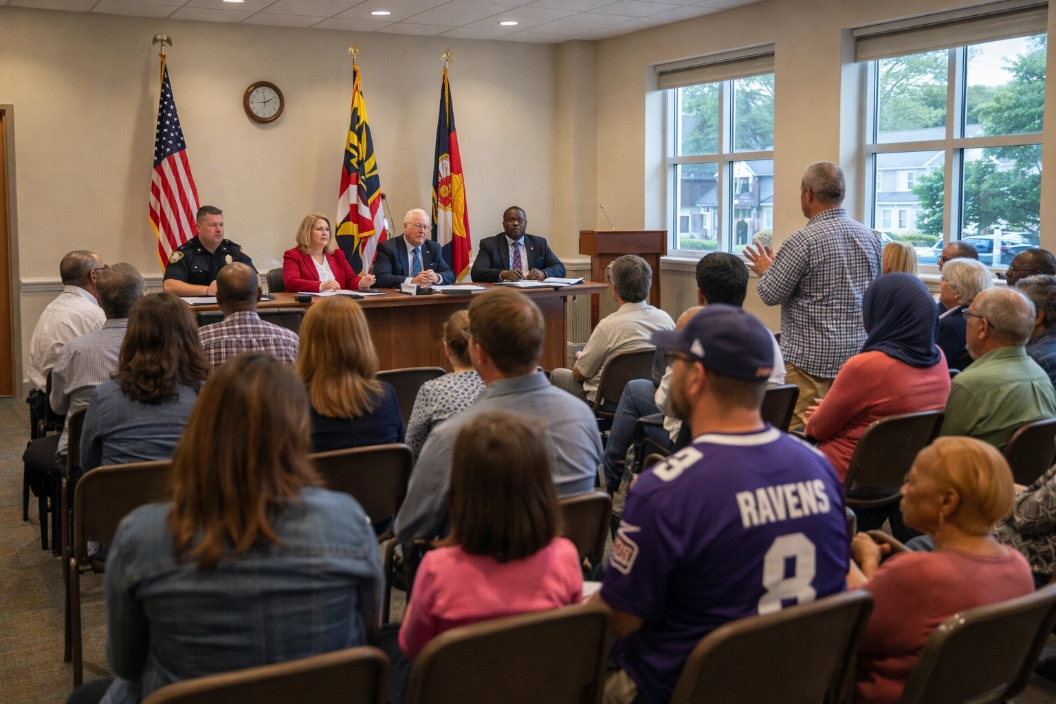 Maryland community town hall with diverse residents and local officials discussing state policy