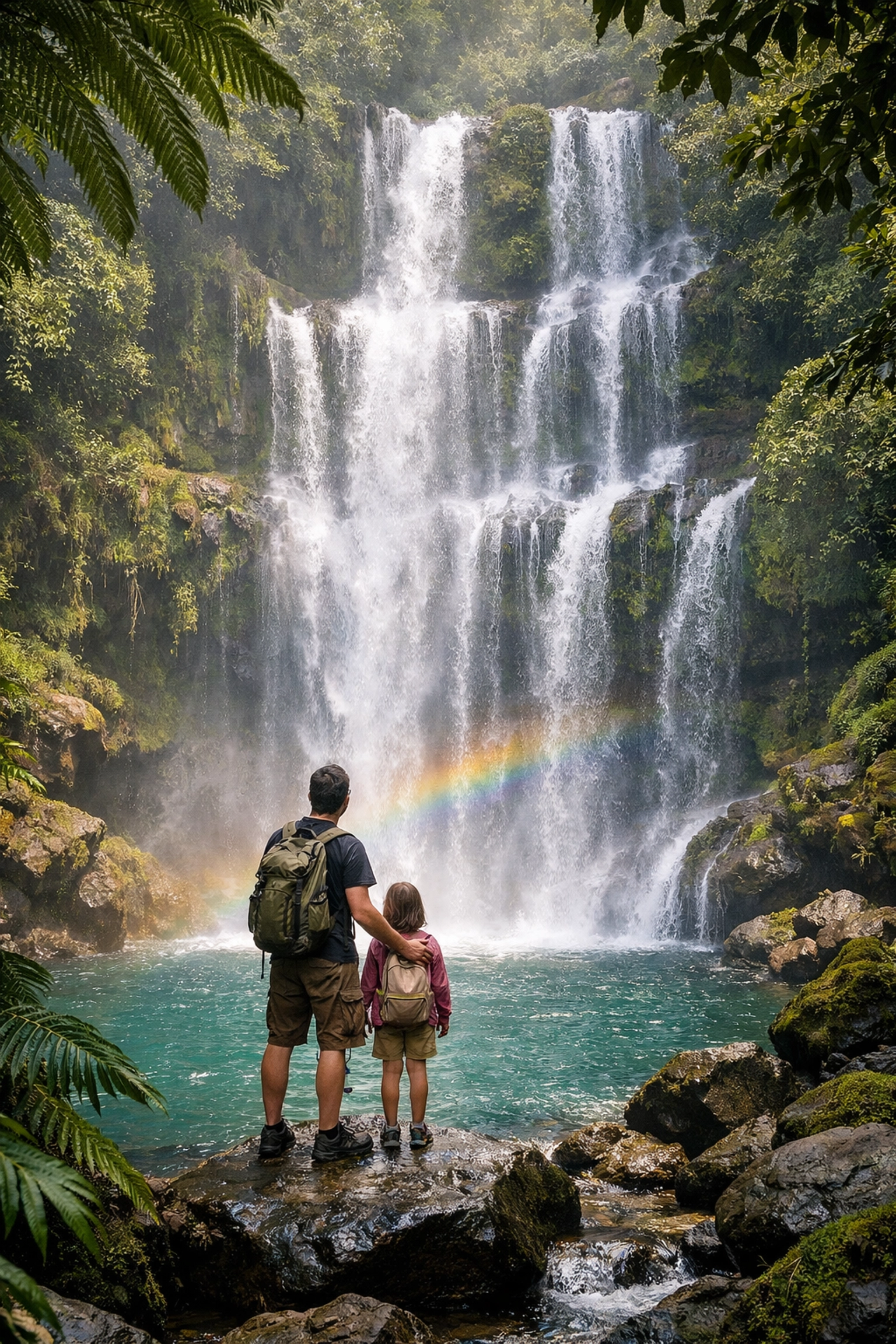Father and daughter standing before a massive multi-tiered waterfall while hiking on a family vacation.