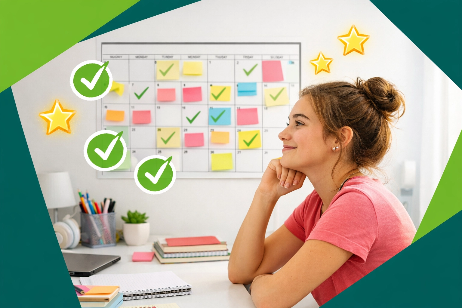 Teenager organizing her schedule with a planner, demonstrating time management and productivity for academic success.