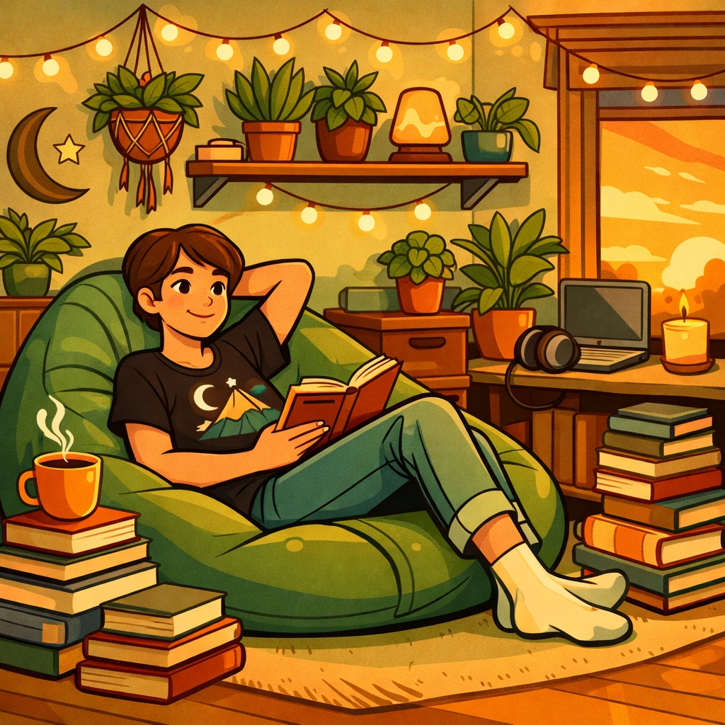 Introvert relaxing at home in graphic t-shirt with books and tea in cozy bedroom