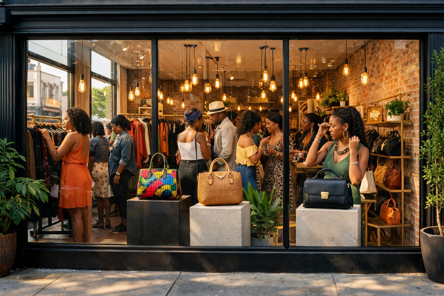 Black-owned fashion boutique storefront with customers browsing clothing and accessories