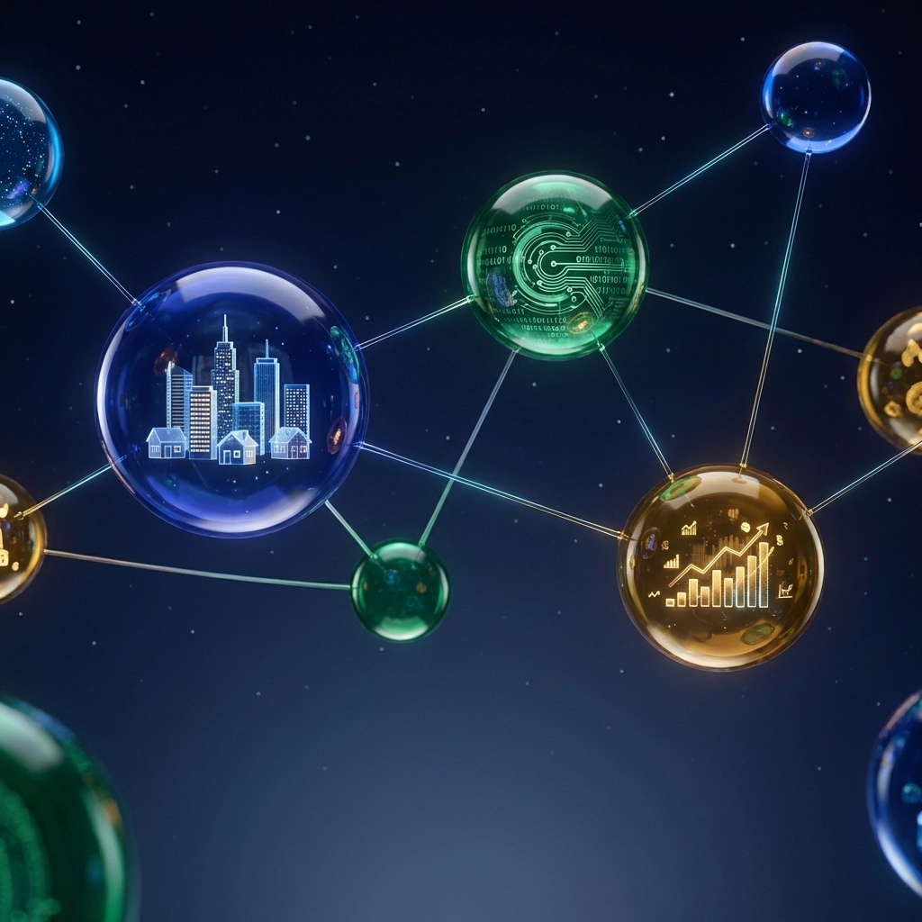 Visualization of diversified investment assets through interconnected spheres, highlighting portfolio diversification
