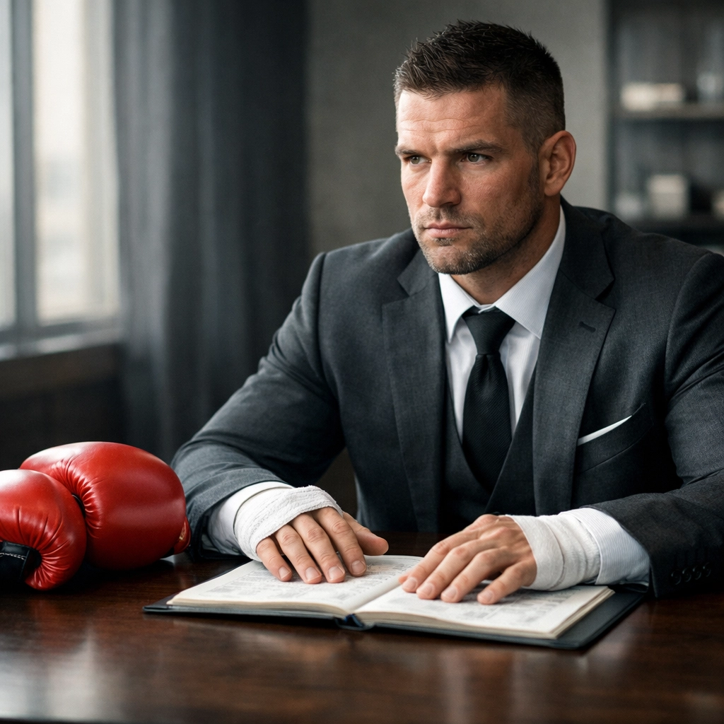 Corporate boxer athlete in a suit reviewing financial ledgers with boxing gloves, illustrating fighter sovereignty.