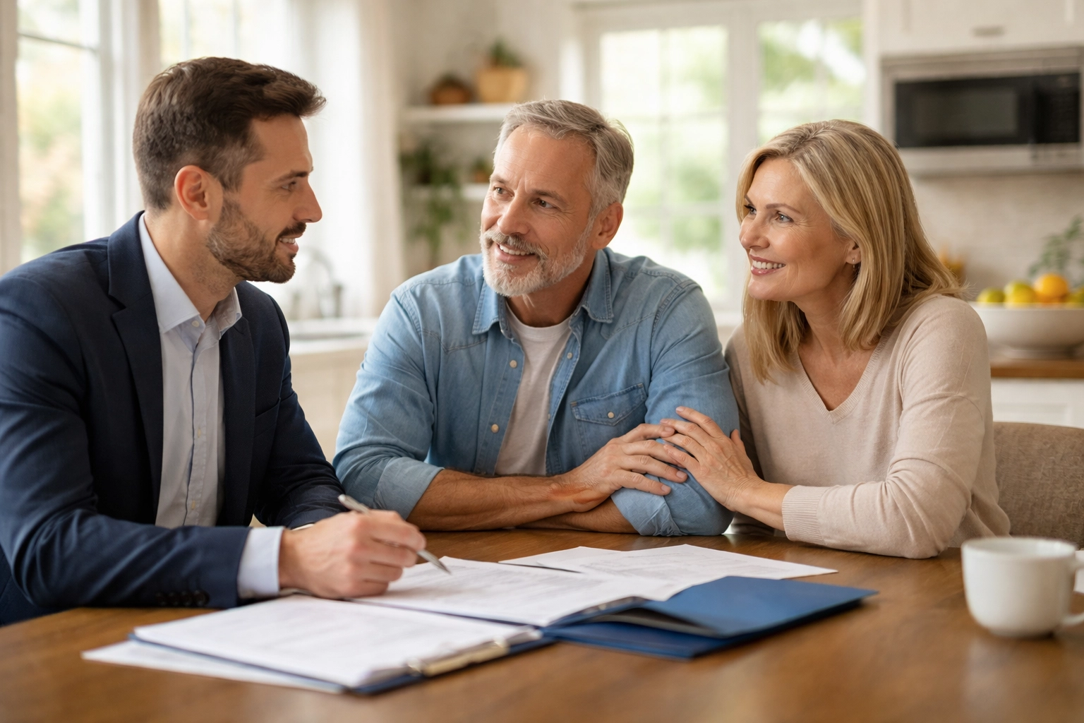 Couple discussing estate planning options with an advisor to protect blended family interests.