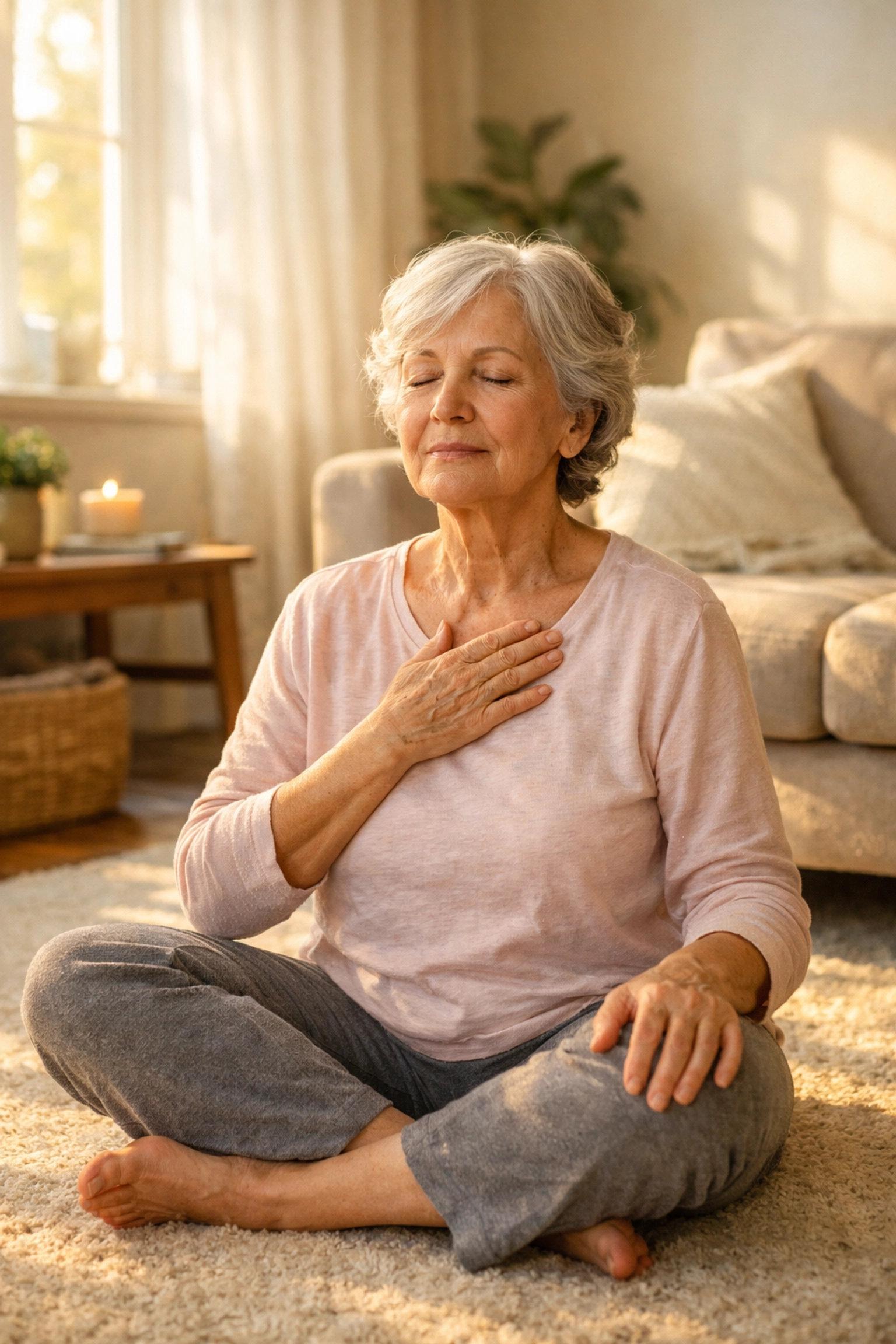 Senior woman sitting calmly on floor taking deep breaths after a fall