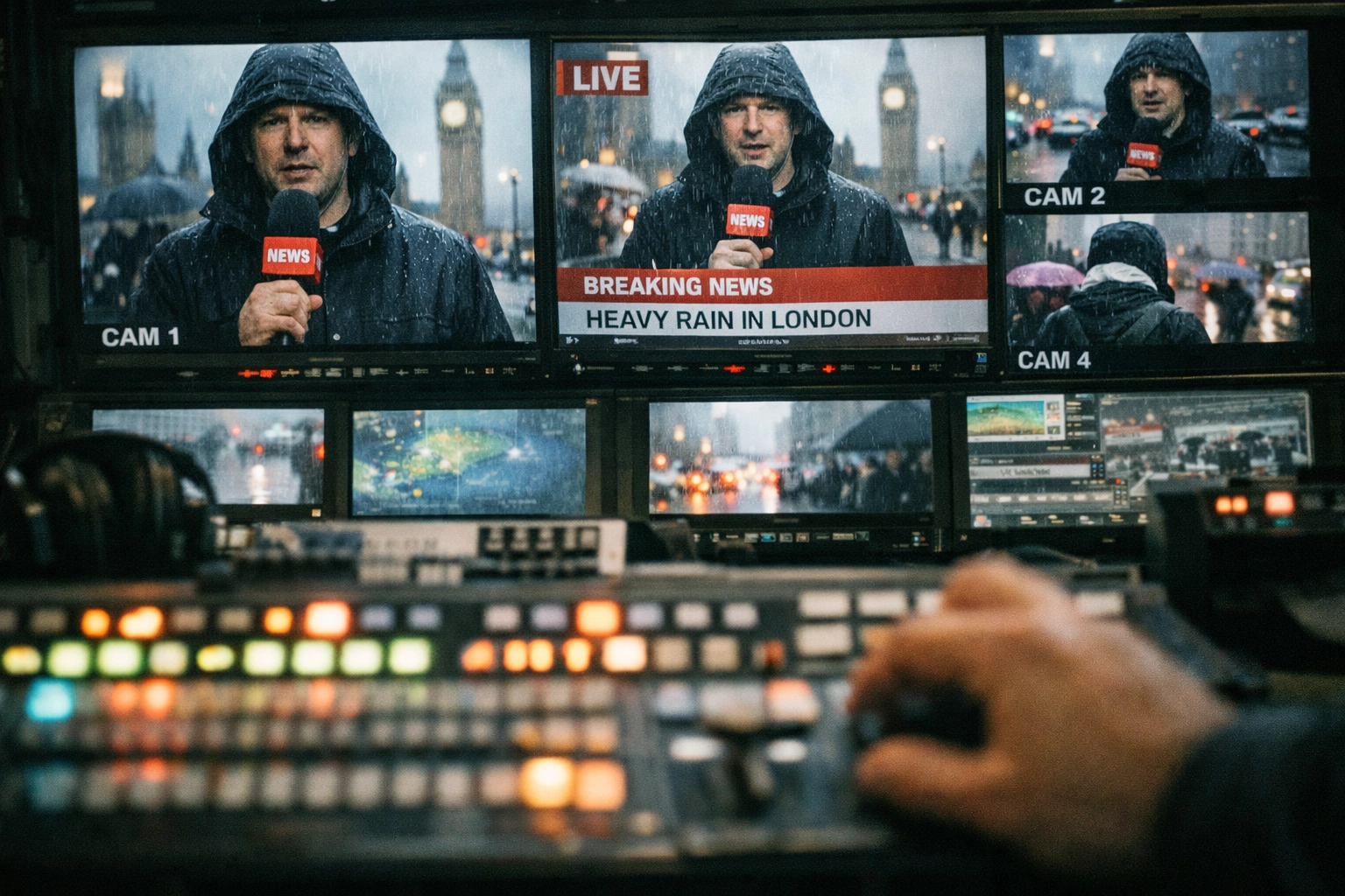 Technician in a news control room managing live feeds for independent news uk during a high-pressure broadcast.