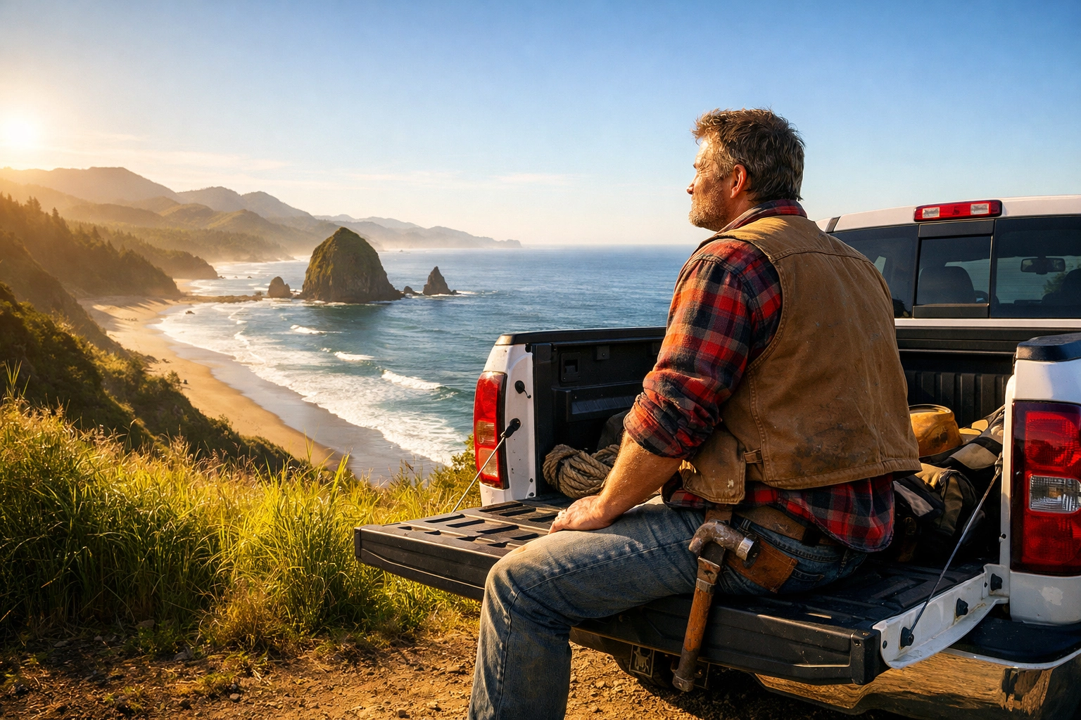 An Oregon contractor sitting on his truck tailgate, enjoying financial peace of mind at the coast.