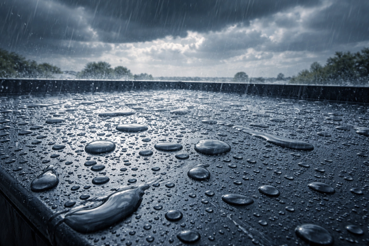 Closeup of heavy rain on an EPDM flat roof in Belfast, demonstrating superior water resistance