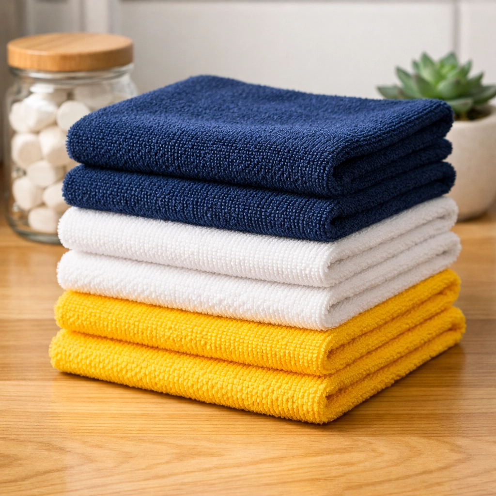 Stacks of high-quality microfiber cloths used for professional and eco-friendly house cleaning Lowell MA.