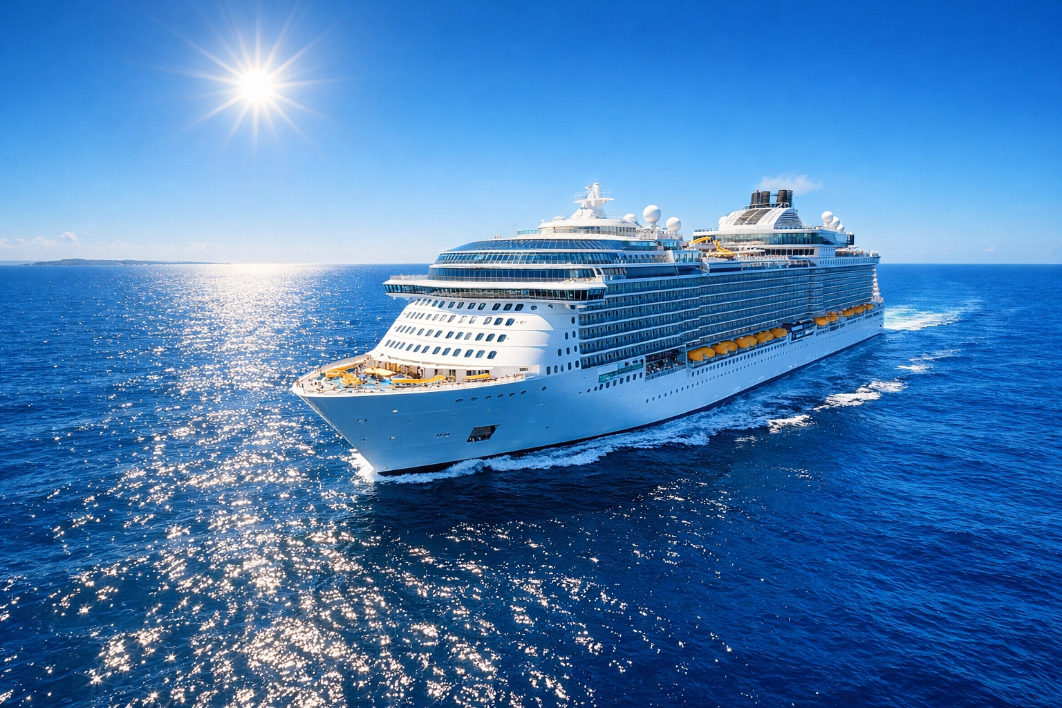 A modern cruise ship sailing through the Caribbean Sea during the Welcome Aboard Sale.