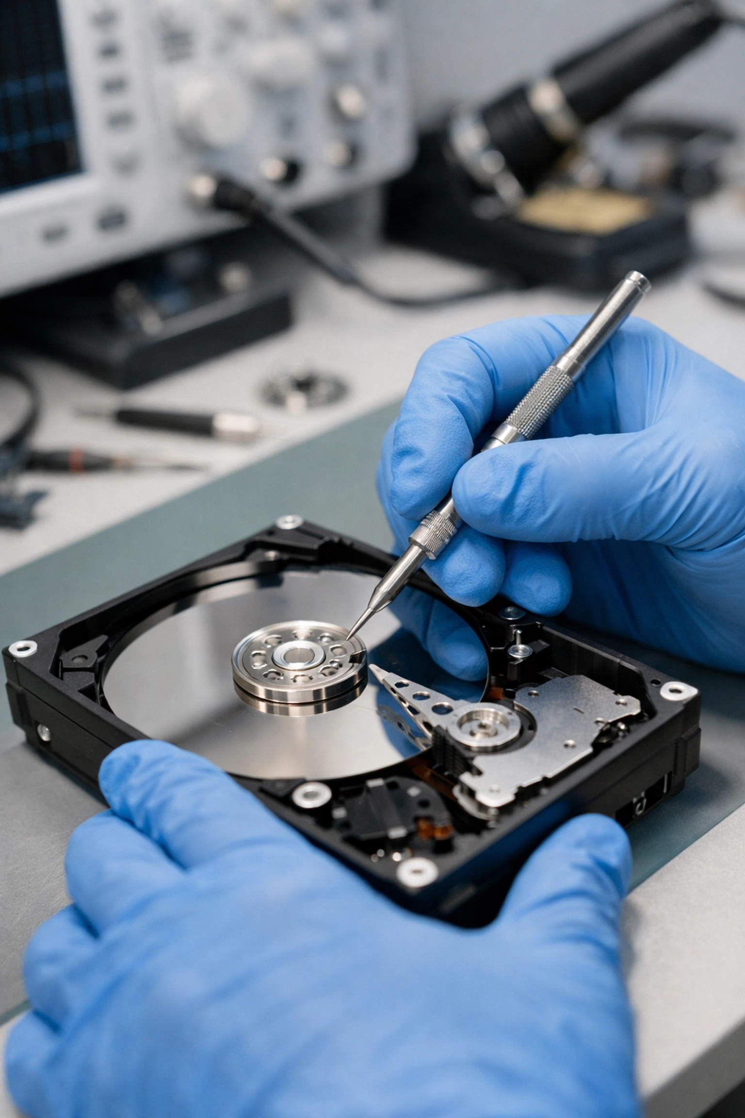 Technician inspecting a computer hard drive for secure data destruction and IT recycling services.
