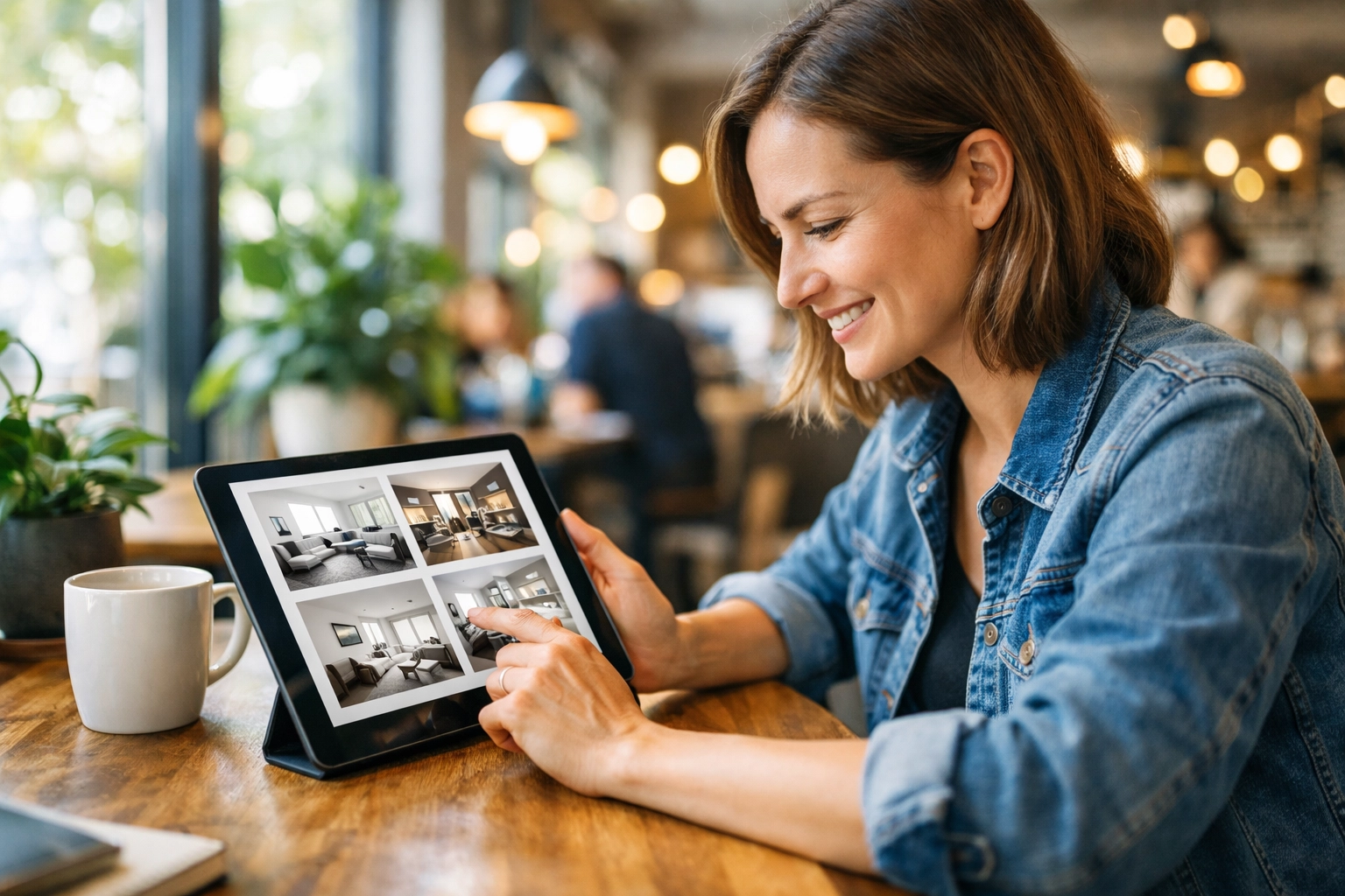 Homebuyer using a tablet for an AI-powered home search while at a modern coffee shop in Boise Idaho.