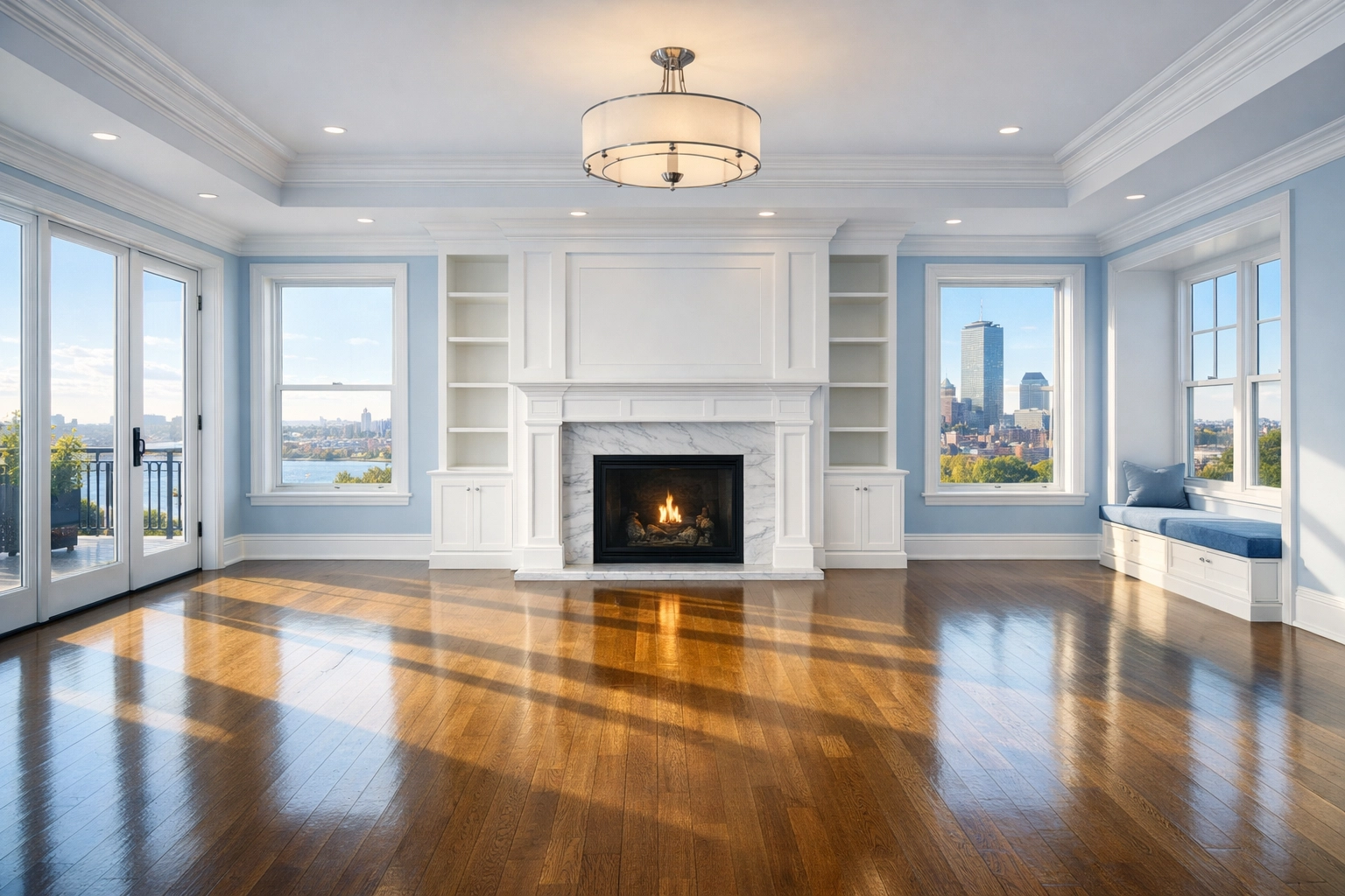 A spotless, sun-drenched luxury living room after a professional apartment cleaning in Boston.