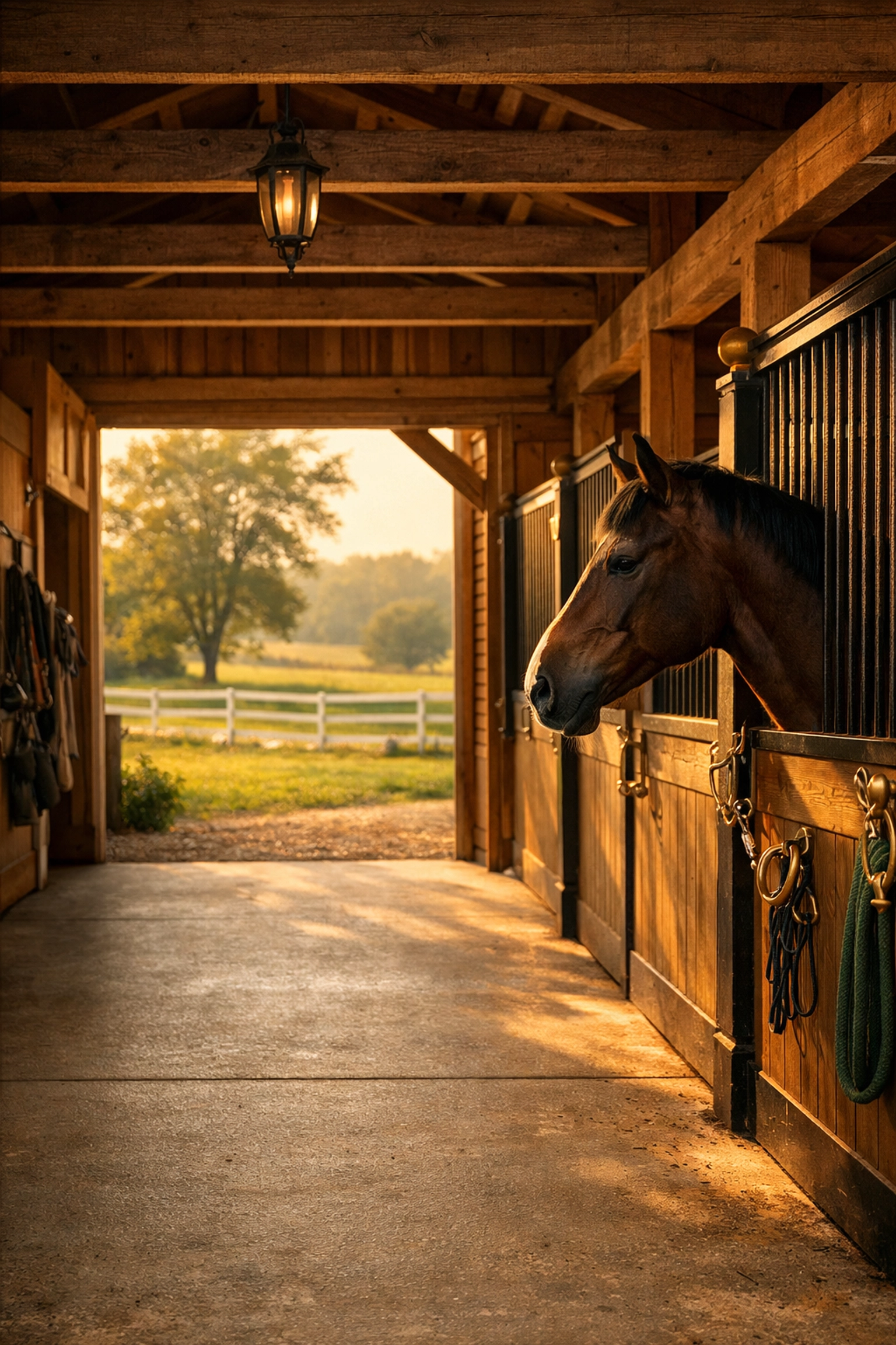 Well-designed barn aisle with horse stall on Waxhaw equestrian property in North Carolina
