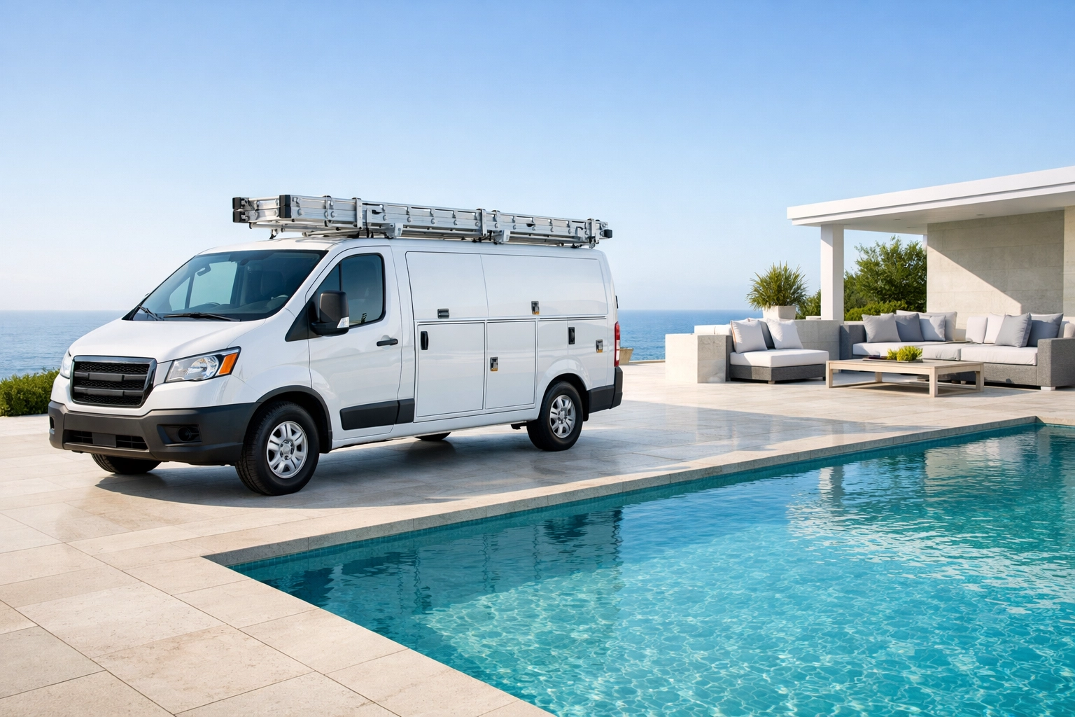 Professional pool service vehicle parked at a luxury residential pool during a business valuation.