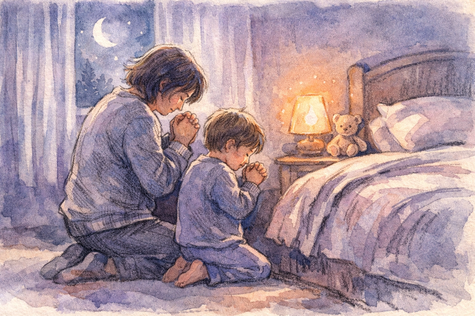 Parent and child kneeling in bedtime prayer together beside bed