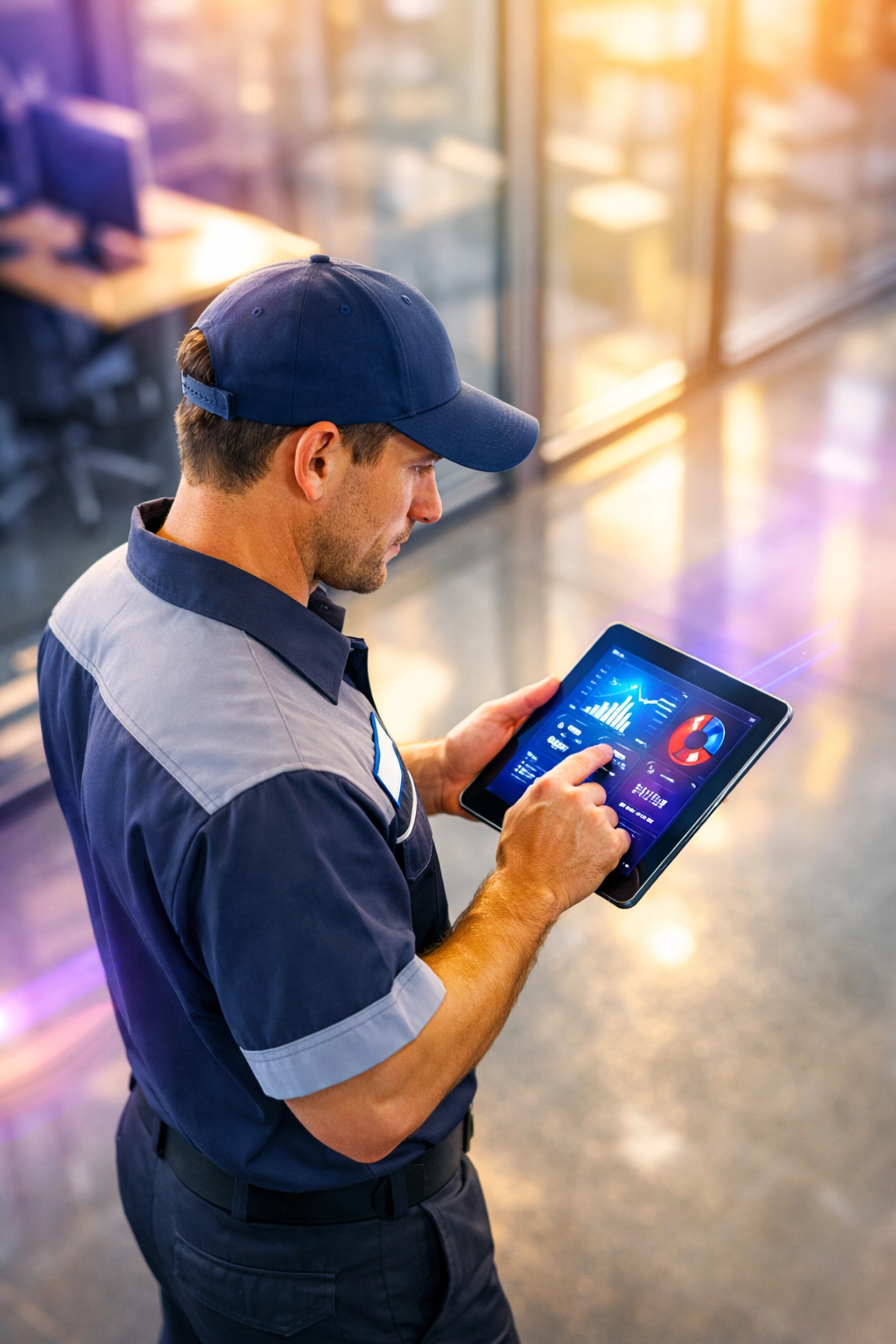 Professional technician using a tablet to update a Google Business Profile in a modern workspace.