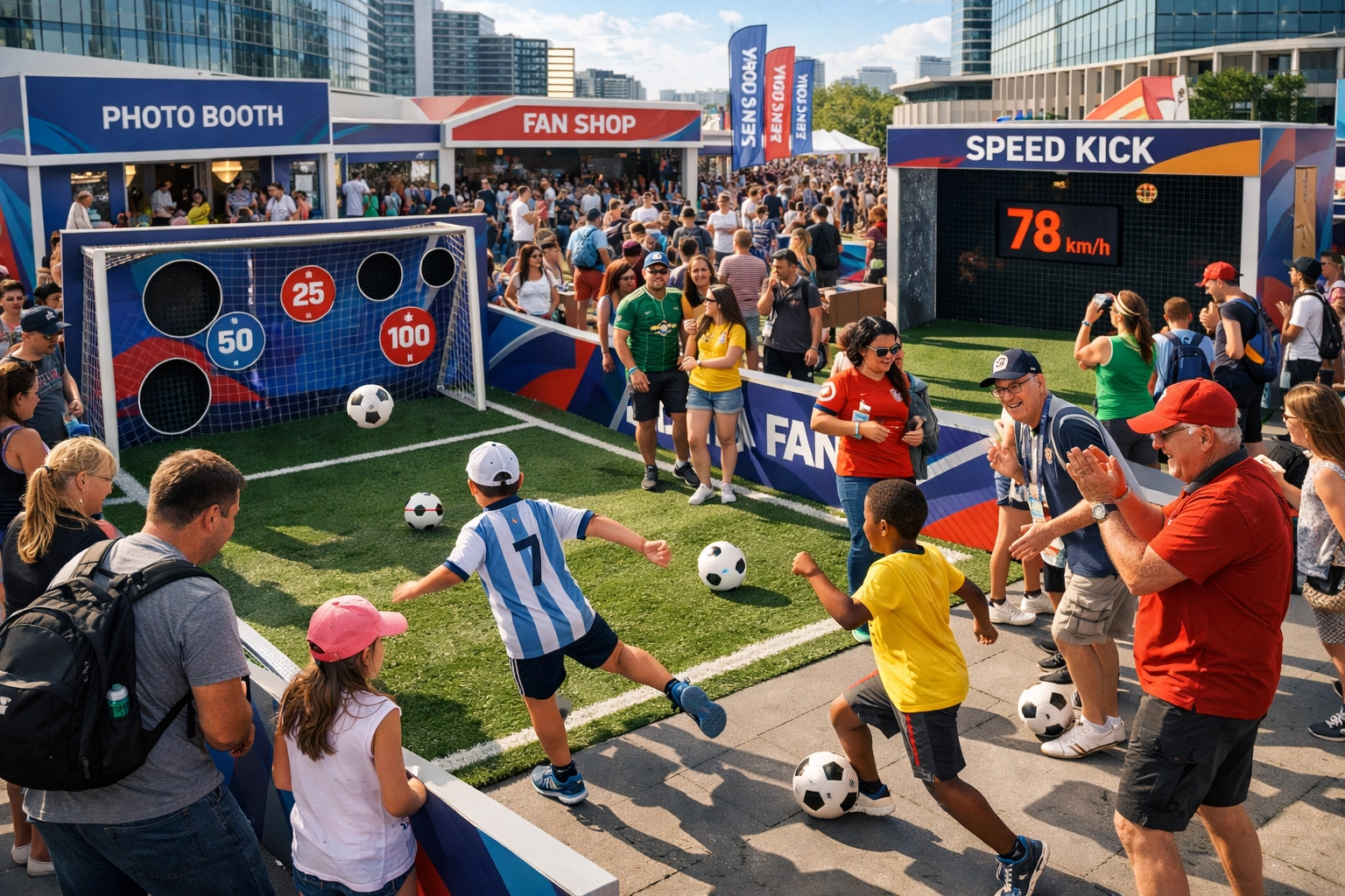 Interactive Super Bowl fan zone with attendees engaging in football activities and experiences