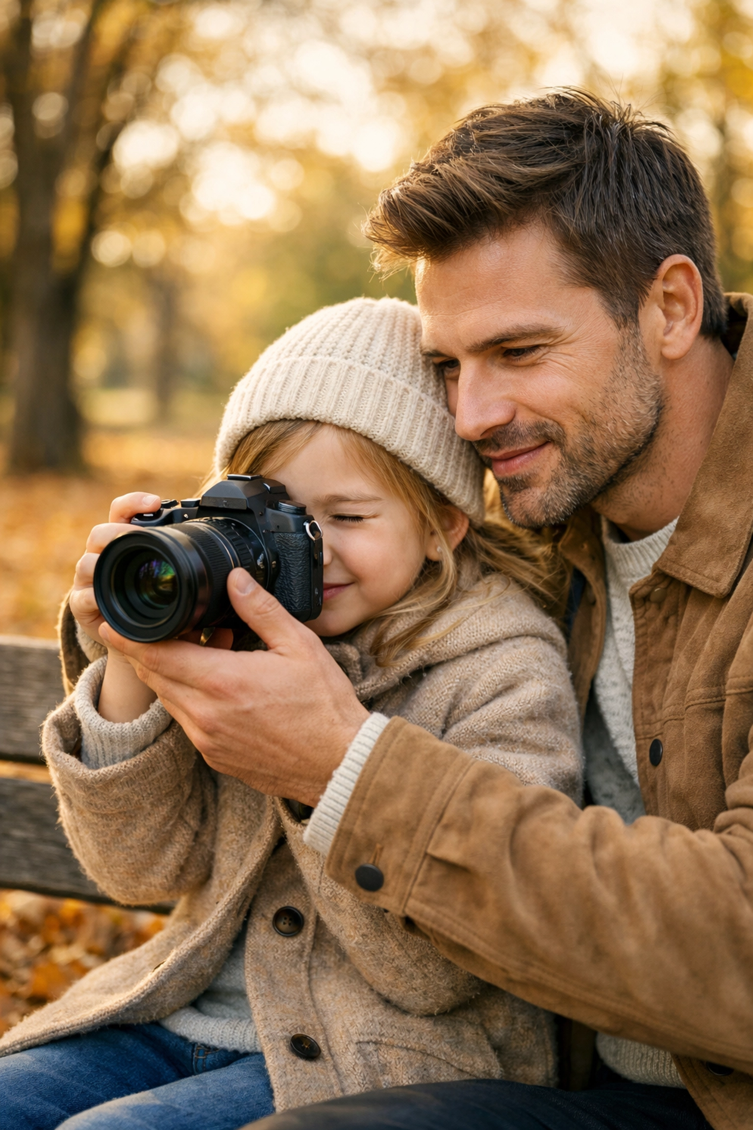 A father teaching his daughter travel photography techniques using a camera in a scenic autumn park.