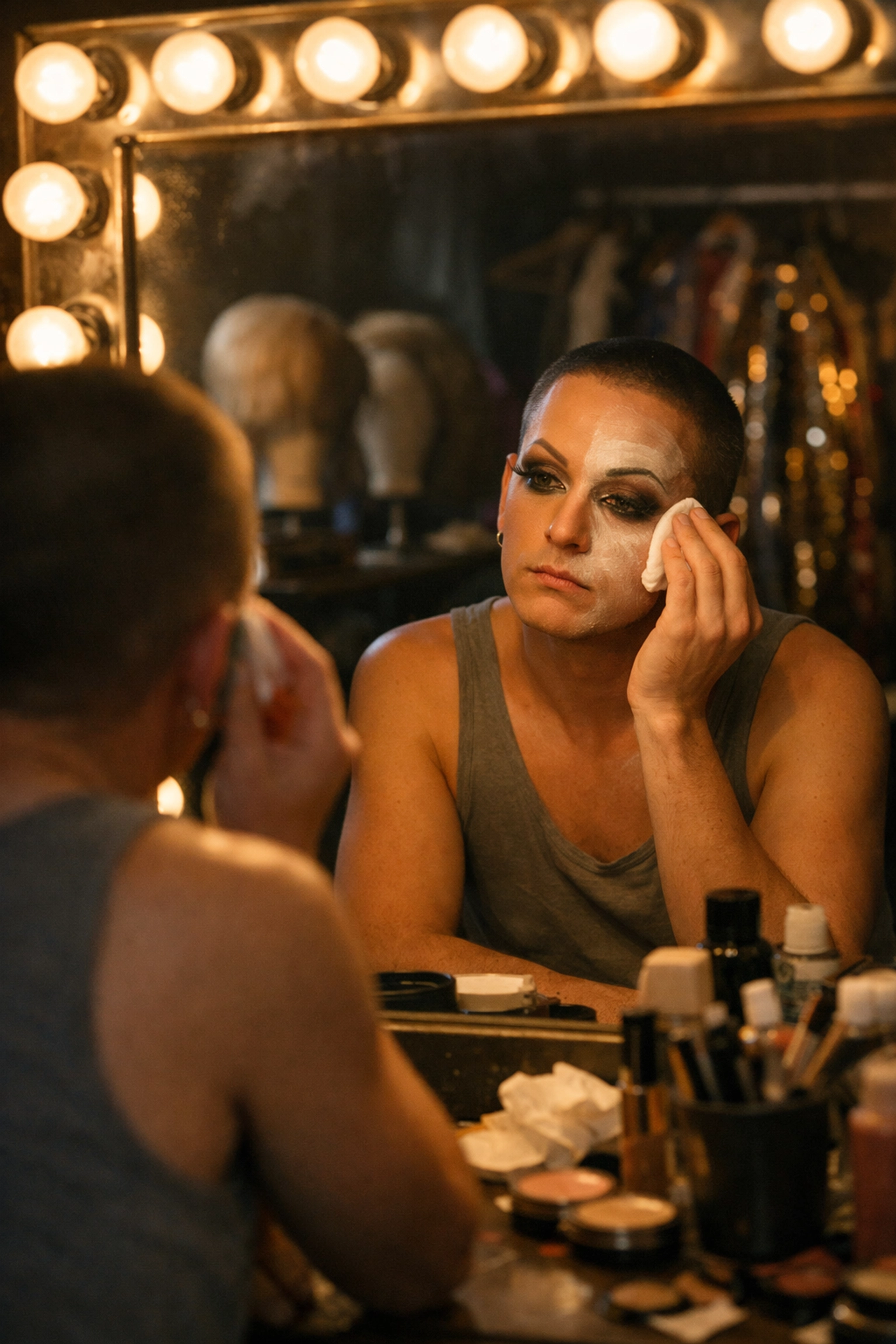 Drag queen removing stage makeup in dressing room mirror reflecting on authentic identity beyond performance
