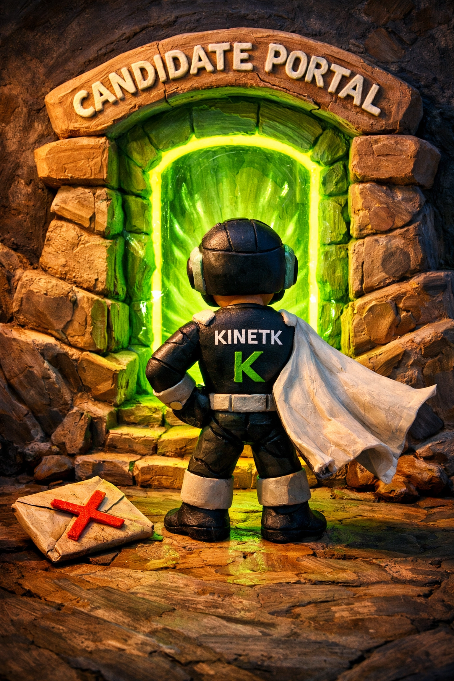 Character standing before a neon green candidate portal to check ATS interview status and job progress.