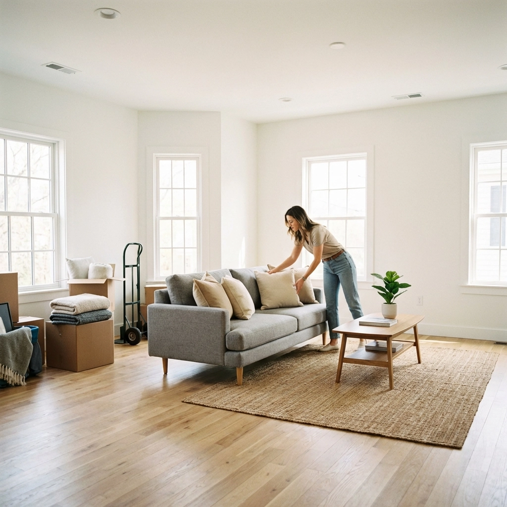 Bright staged living room with professional stager adjusting decor, showing decluttering and home appeal tips.