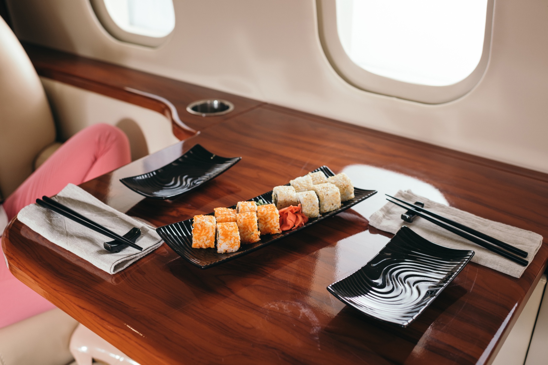Sushi catering on board a private jet