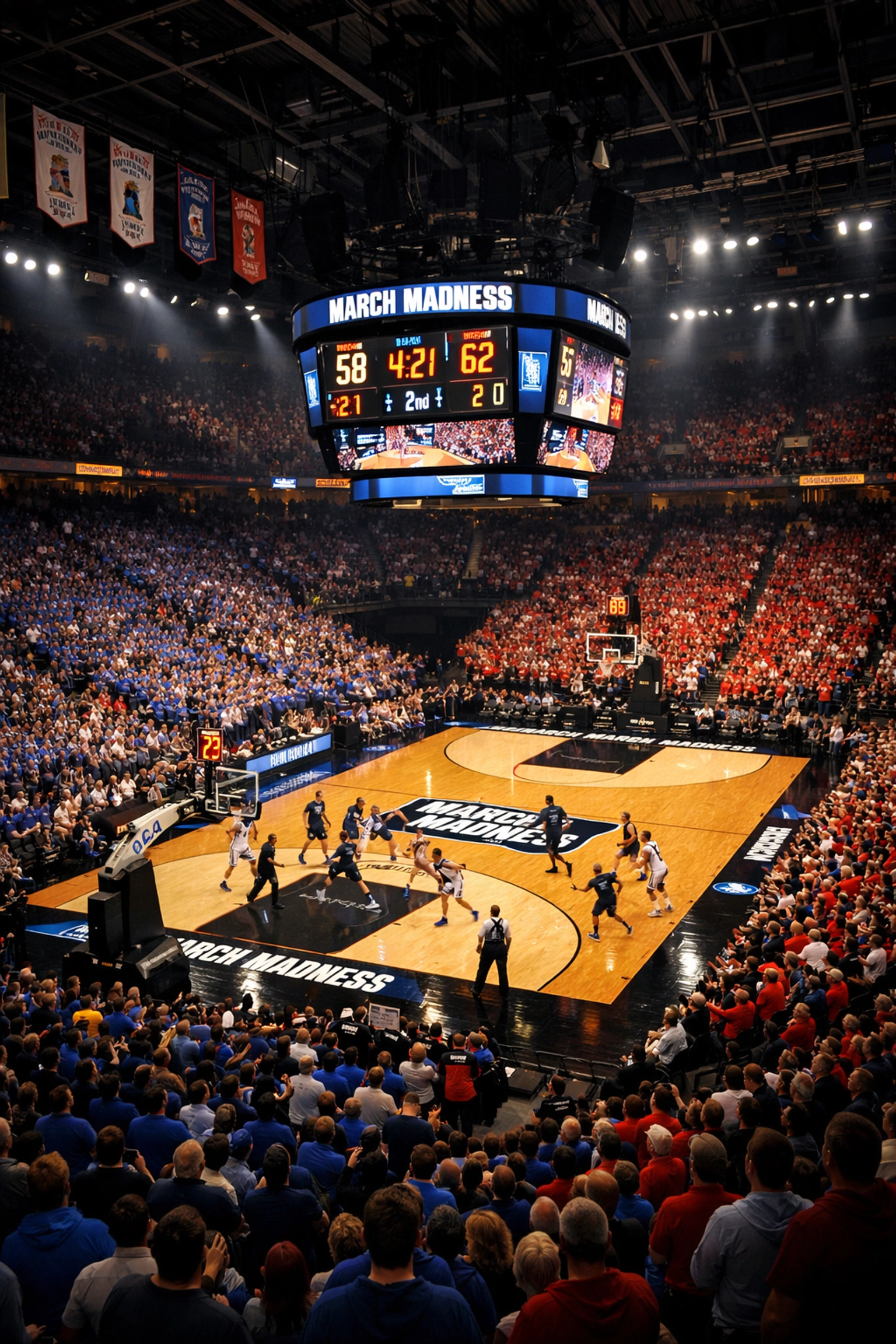Packed college basketball arena during March Madness Big 12 game