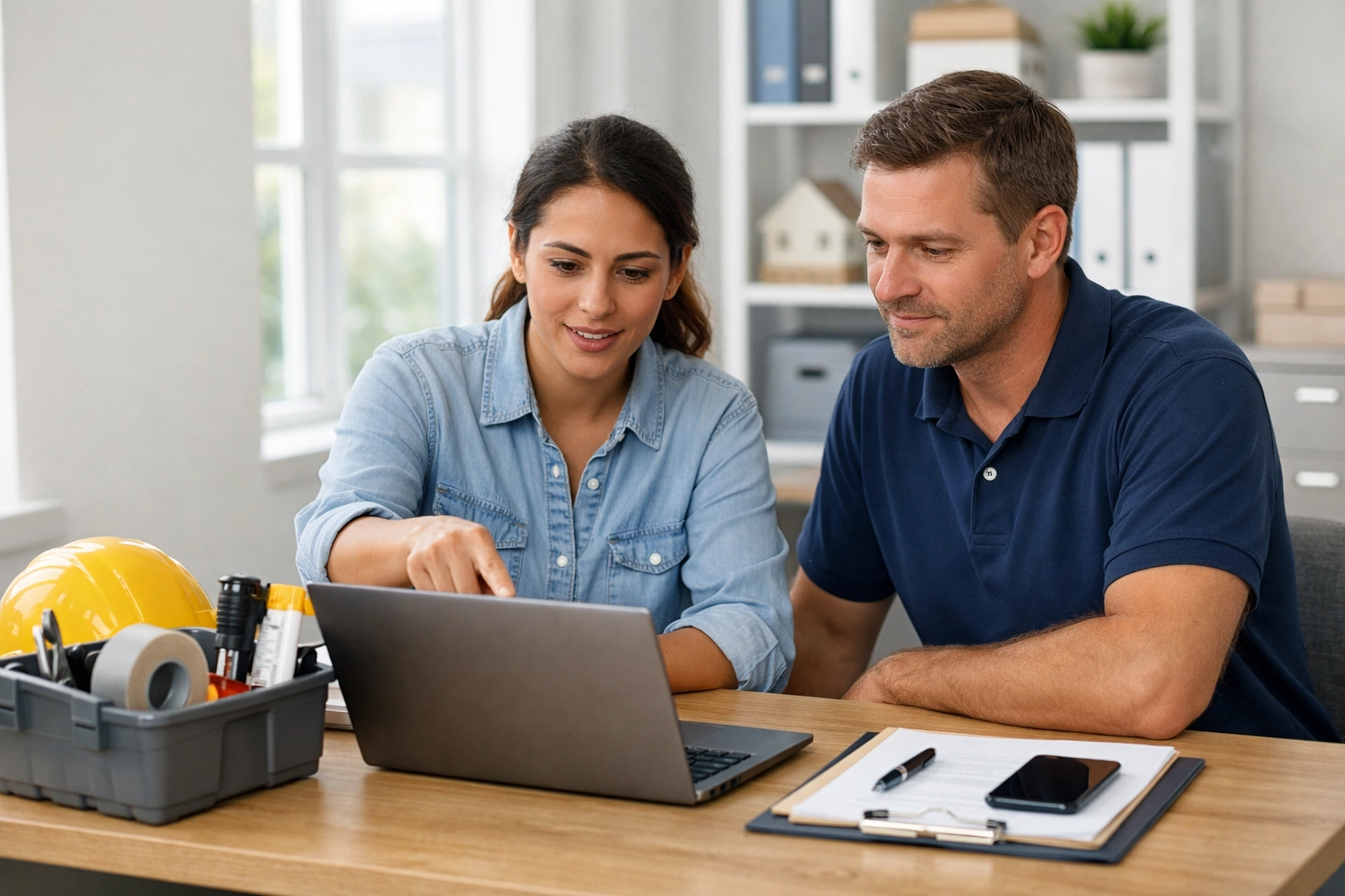 Property maintenance team reviewing predictive maintenance work orders on laptop