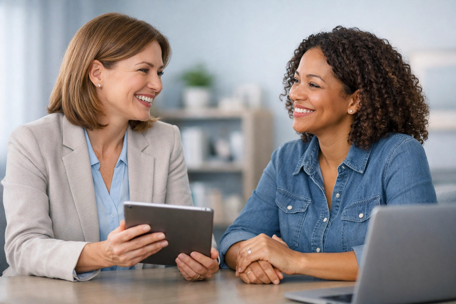 Friendly financial expert explaining emergency loan options to a client in a modern office.