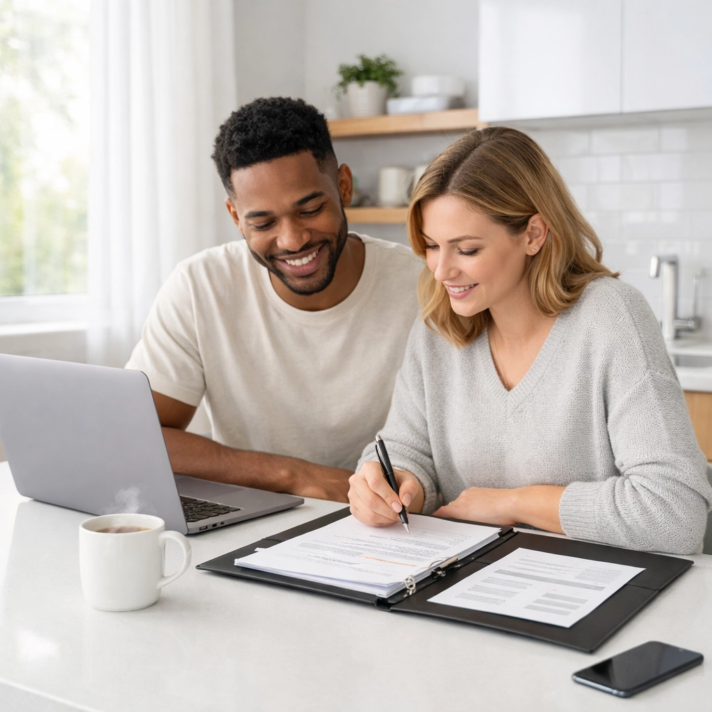 A couple reviewing mortgage pre-approval documents to buy a home in the NC Triangle market.