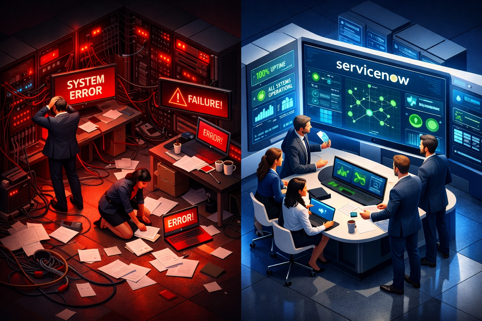 Failed vs successful ServiceNow ITOM implementation partner comparison showing chaotic and organized centers