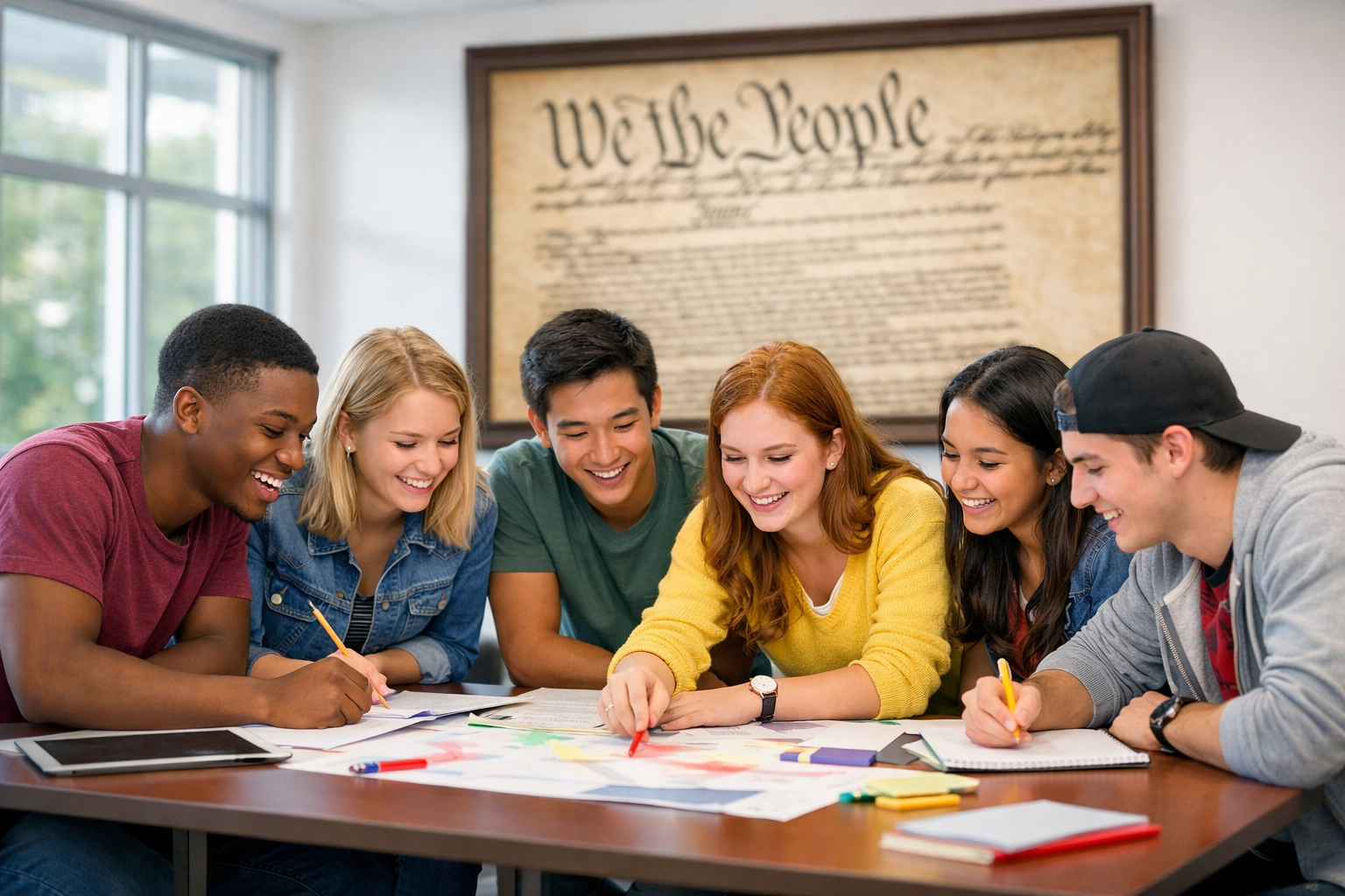 High school students collaborating on civic education projects near a framed U.S. Constitution.