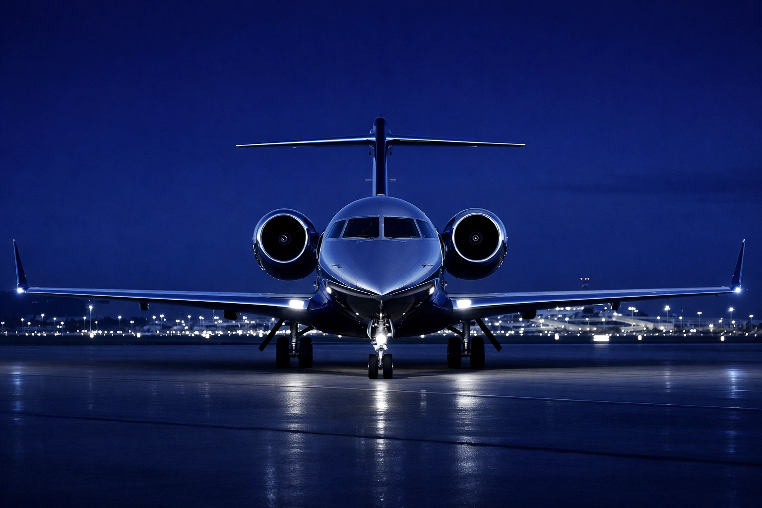 Private jet parked on the tarmac at dusk for a flight to Malaga, ensuring early slot booking in Spain.