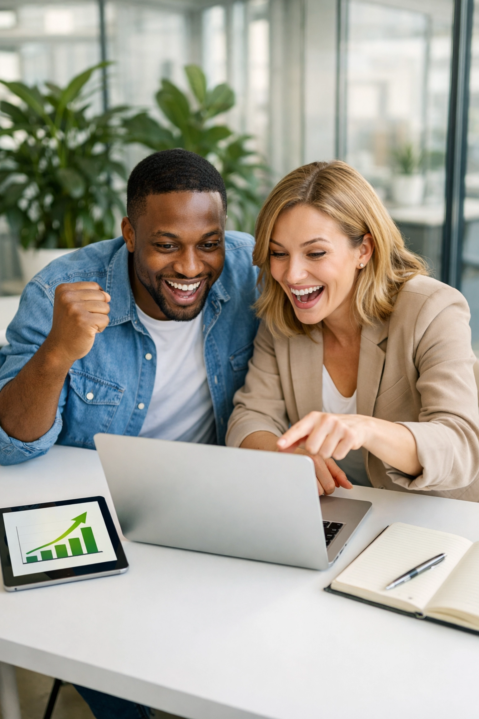 Small business owners reviewing financial growth charts for strategic tax planning and credits.