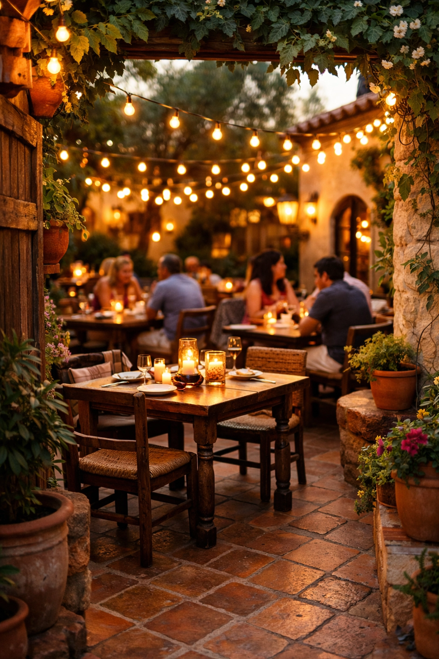 Mediterranean restaurant outdoor patio with string lights and diners enjoying small plates