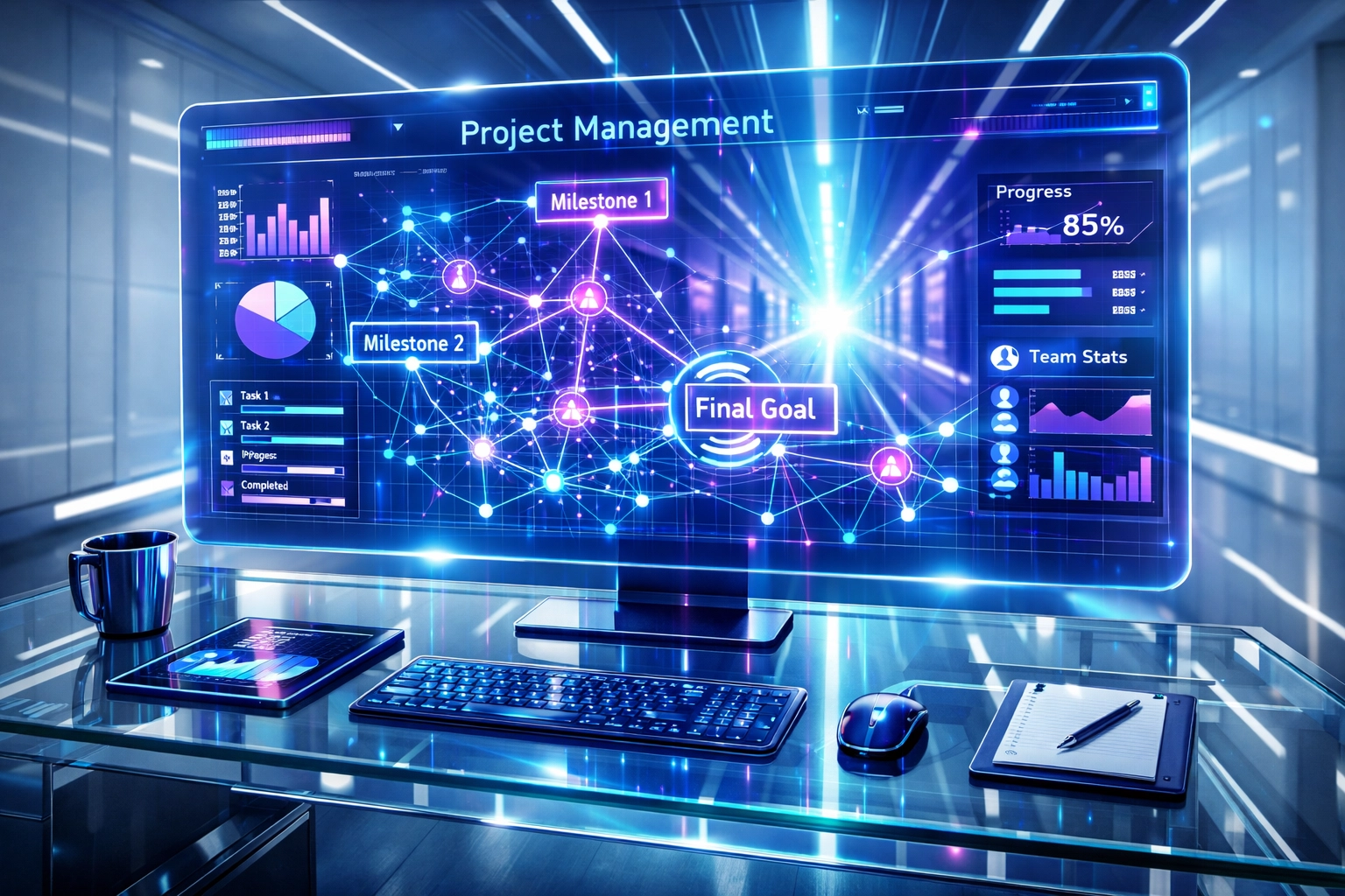 Moderne Projektsteuerung mit KI-Schnittstelle für pünktliche Termineinhaltung.