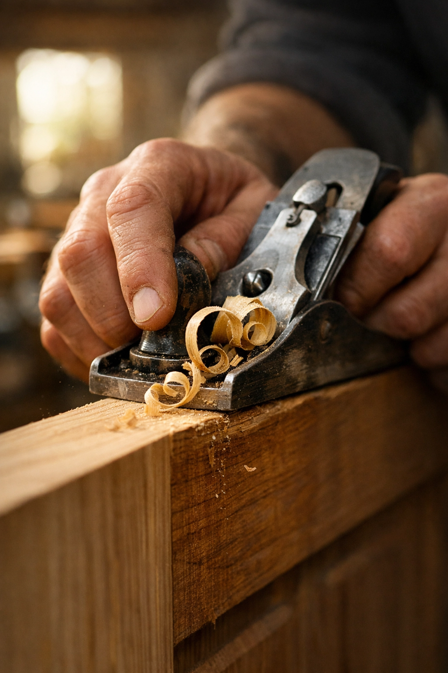 Close-up of a professional carpenter using a hand plane to repair a solid wood internal door.