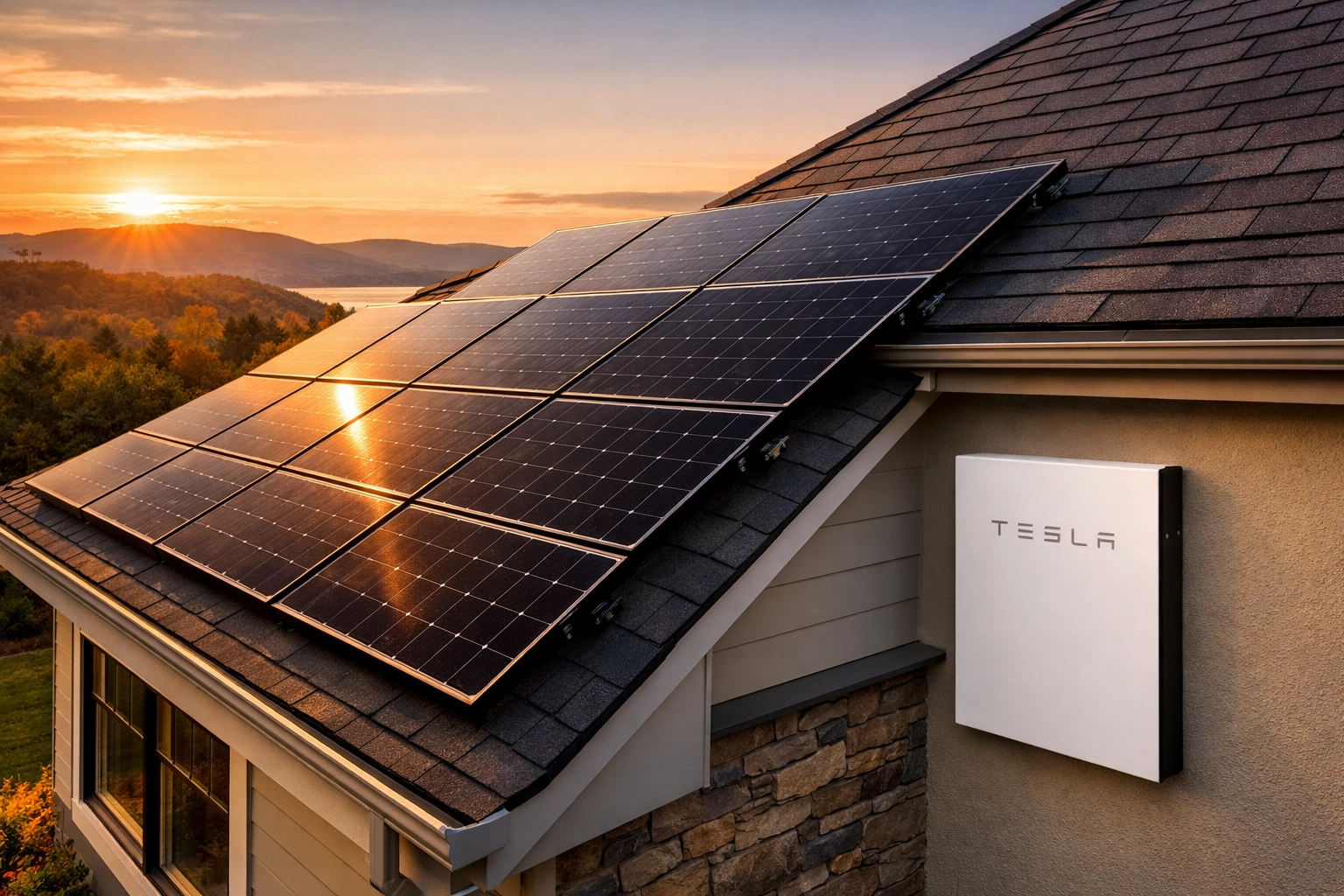 Rooftop solar panels and battery storage on Hudson Valley home for energy independence