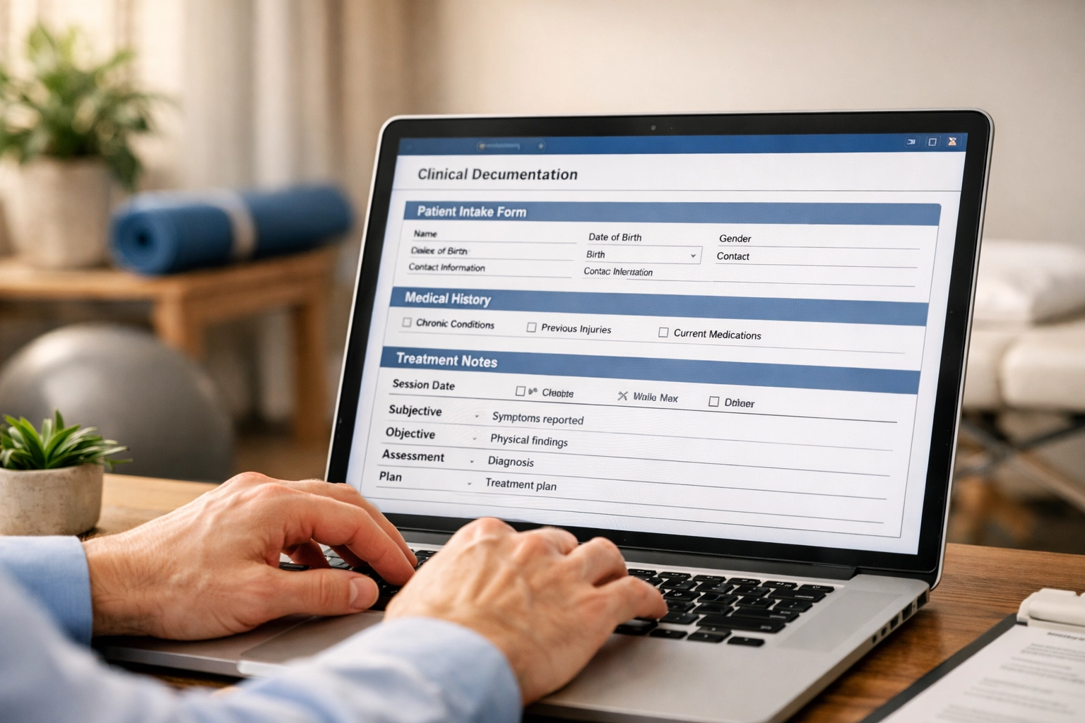 Struggling With 2026 Payer Changes? 10 Things Every Therapy Practice Should Know About FHIR, ePA, and Faster Denials Therapist documenting patient care with standardized clinical forms for payer compliance