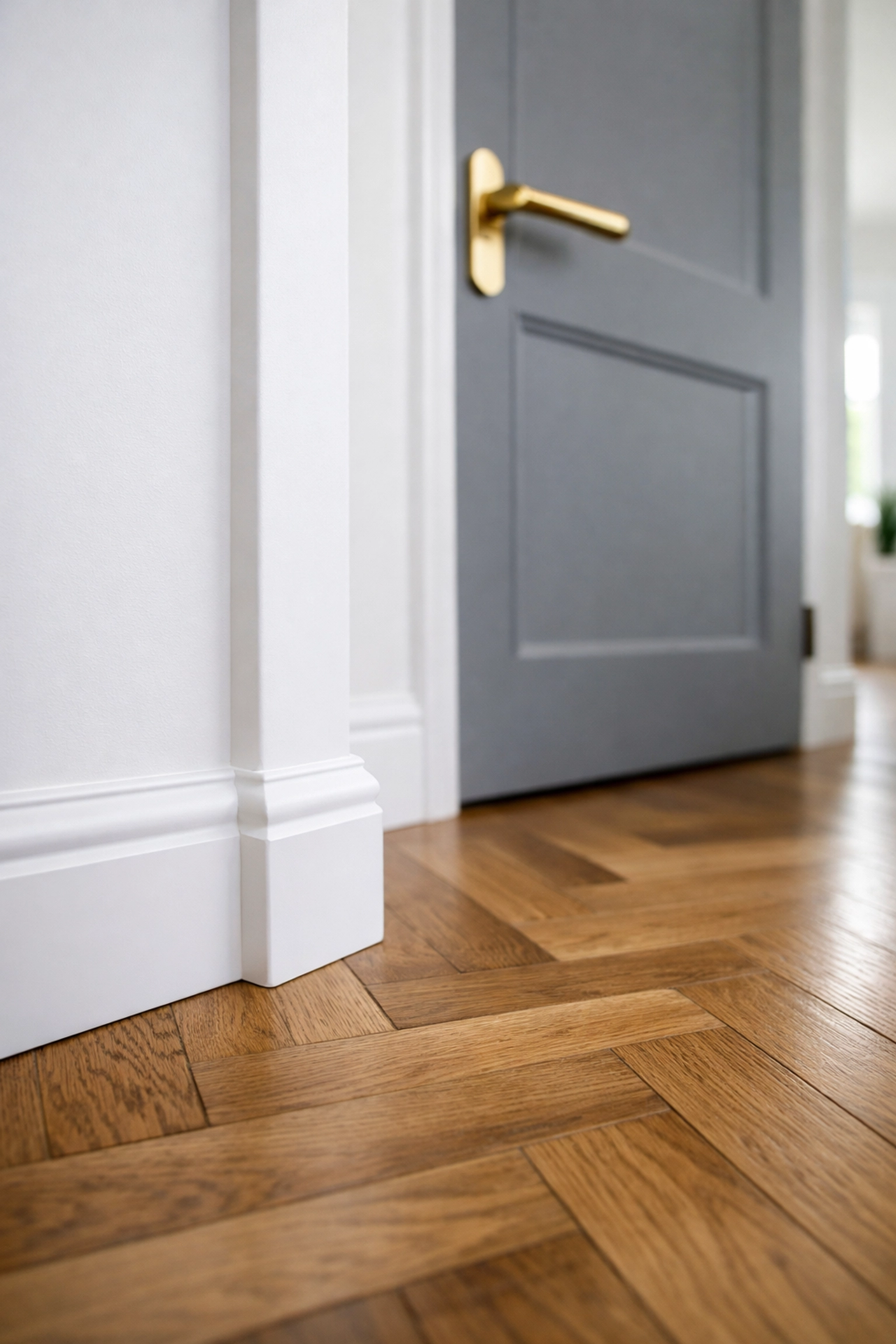 Professionally fitted white skirting boards and modern internal door by a Bracknell carpenter.